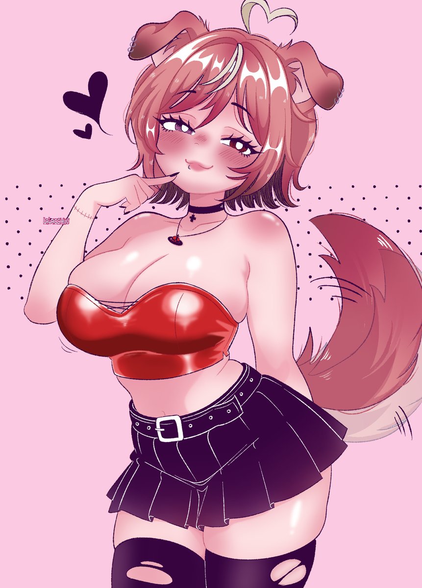 1female, 1girl, 1girls, animal ears, anniepants02, artist name, belt, big breasts, bimbo, breasts, choker, collarbone, corset, digital drawing (artwork), digital media (artwork), dog ears, dog girl, dog tail, female, female only, heterochromia, hips, indie virtual youtuber, indie vtuber, light skin, light-skinned female, lips, midriff, necklace, pink hair, red corset, skirt, smile, smiling, solo, solo female, streamer, tail wagging, thick thighs, thighhighs, thighs, virtual youtuber, vtuber, vtuberfanart, wide hips, woman, youtuber