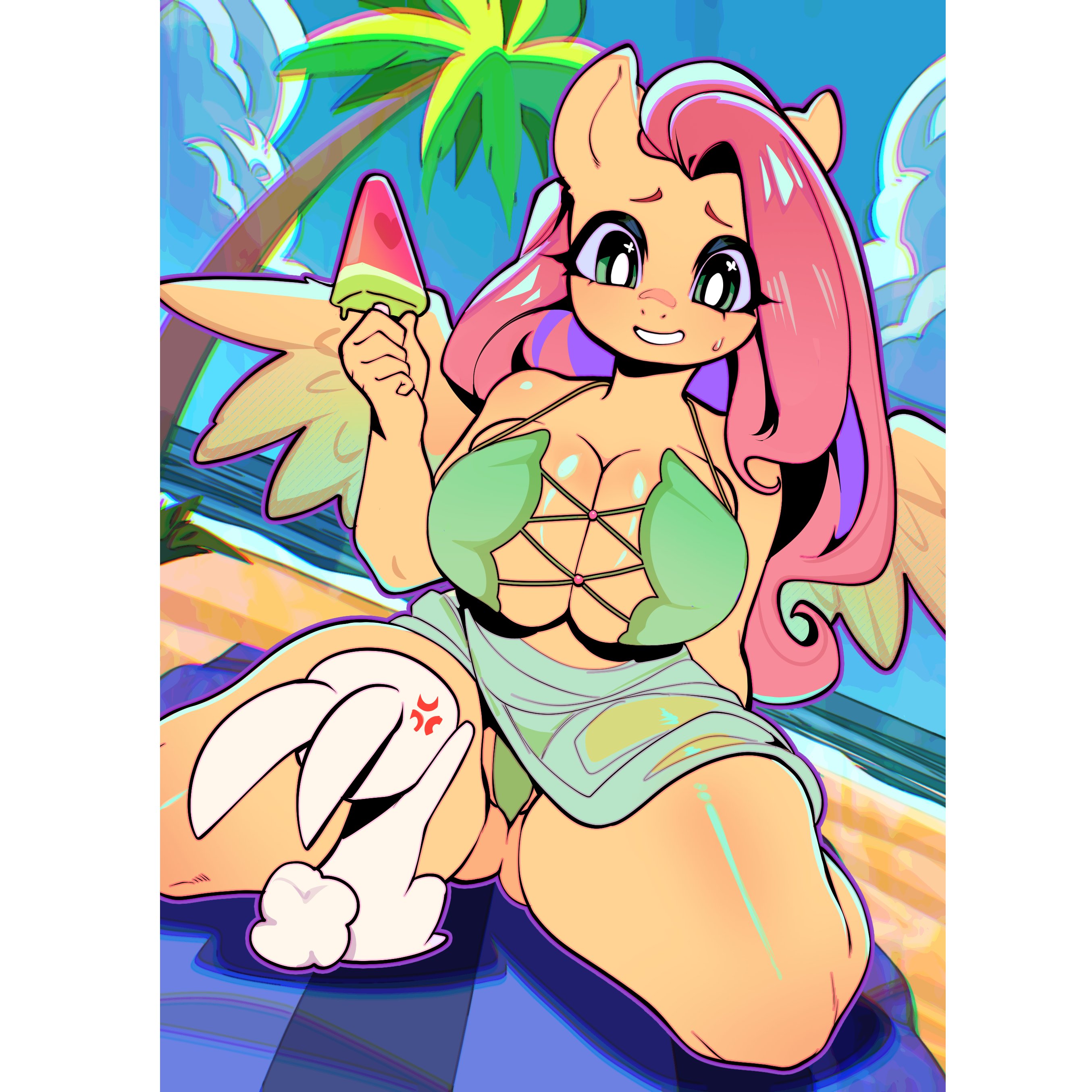 1girl, angel (mlp), anger vein, animal ears, anthro, beach, bikini, blue sky, blush, breasts, bunny, cleavage, clothing, cloud, colored skin, day, female, fluttershy, fluttershy (mlp), food, furry, furry female, green bikini, green eyes, holding, holding food, horns, huge breasts, large breasts, long hair, mammal, multicolored hair, my little pony, my little pony: friendship is magic, ocean, outdoors, palm tree, pegasus, personification, pink hair, popsicle, rabbit, sarong, shybred, sitting, sky, smile, solo, sweatdrop, swimsuit, thick thighs, thighs, towel, tree, watermelon bar, wings, yellow skin