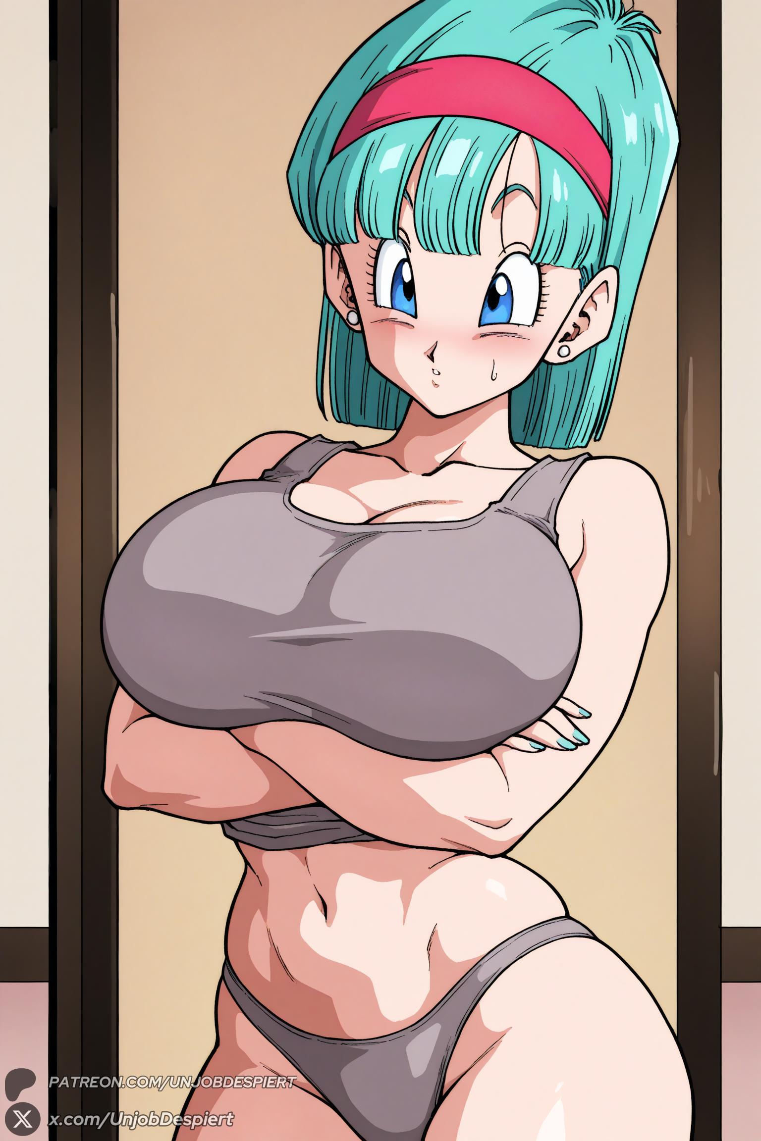 1female, 1girl, 1girls, 2026, ai generated, aqua hair, arms under breasts, artist name, bangs, big ass, big breasts, blue eyes, blue hair, blush, breasts, bulma, bulma briefs, bulma briefs (frieza saga), cleavage, cowboy shot, crossed arms, curvy, dragon ball, dragon ball z, earrings, female, female only, grey bra, grey panties, grey tank top, hairband, hi res, high quality, high resolution, highres, huge ass, huge breasts, jewelry, large breasts, looking at viewer, medium hair, midriff, nail polish, navel, panties, patreon, patreon username, short hair, solo, sweatdrop, tank top, underwear, unjobdespiert, watermark, web address