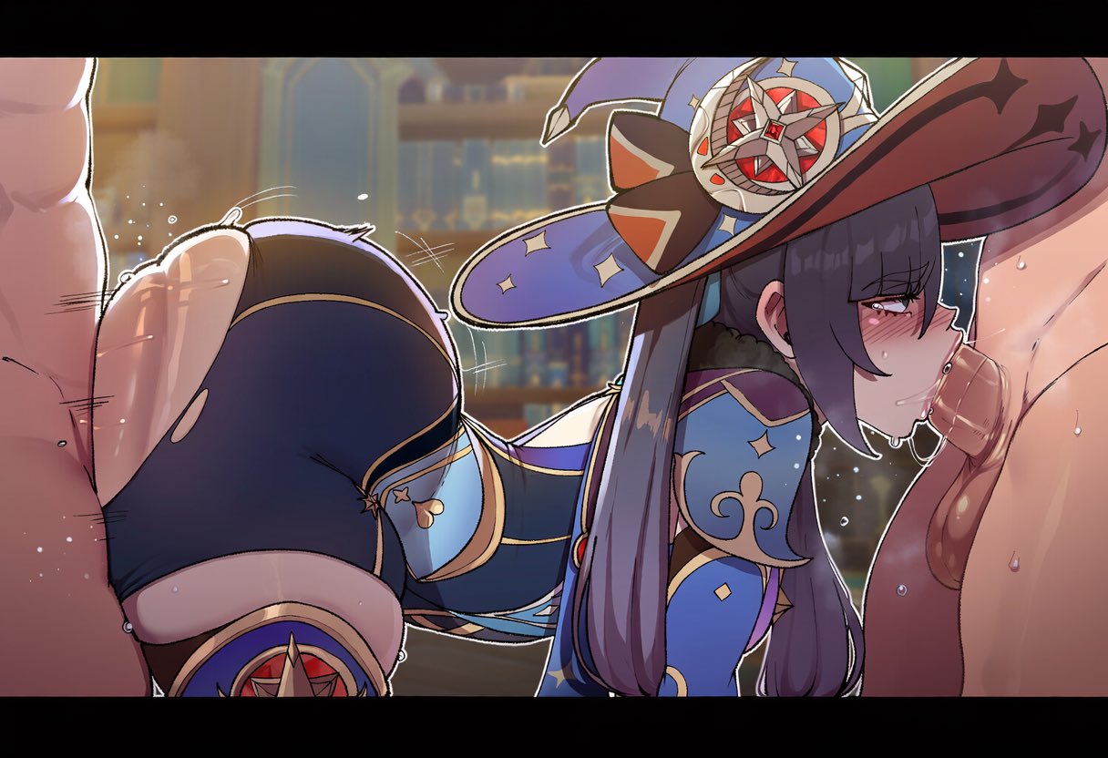 1girls, 2boys, ai generated, ass, blowjob, female, female focus, genshin impact, group sex, himegens, large ass, light skin, light-skinned female, male, mona (genshin impact), oral, oral sex, penis, sex, spitroast, thick thighs, thighhighs, thighs, wide hips
