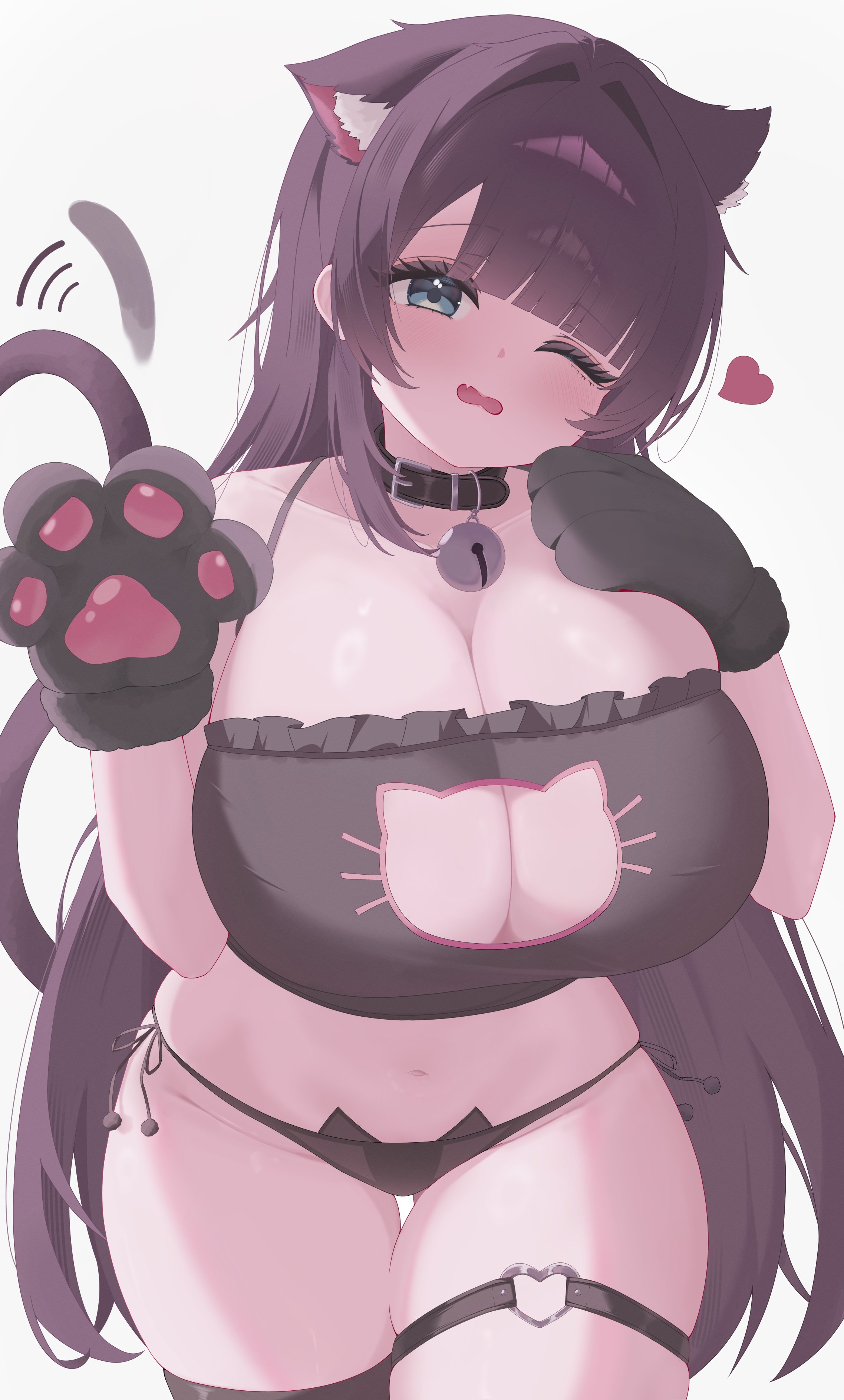 animal hands, blush, cat ears, cat girl, cat lingerie, cat tail, cleavage, embarrassed, fang, female, female only, heart, huge breasts, huge thighs, one eye closed, paw gloves, plump, shirayuki hina, stellive, thick thighs, thighhighs, virtual youtuber, voluptuous, wide hips