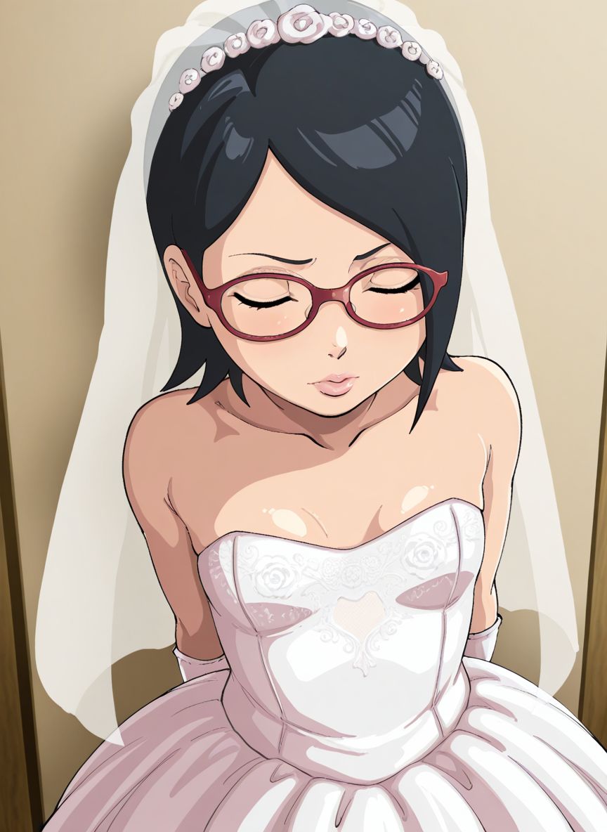 1girls ai_generated black_hair boruto:_naruto_next_generations curvy curvy_body curvy_female curvy_figure female female_only glasses gloves kyoru189 mature_female sarada_uchiha seductive seductive_pose shiny shiny_skin short_hair small_breasts solo solo_female standing wedding_dress