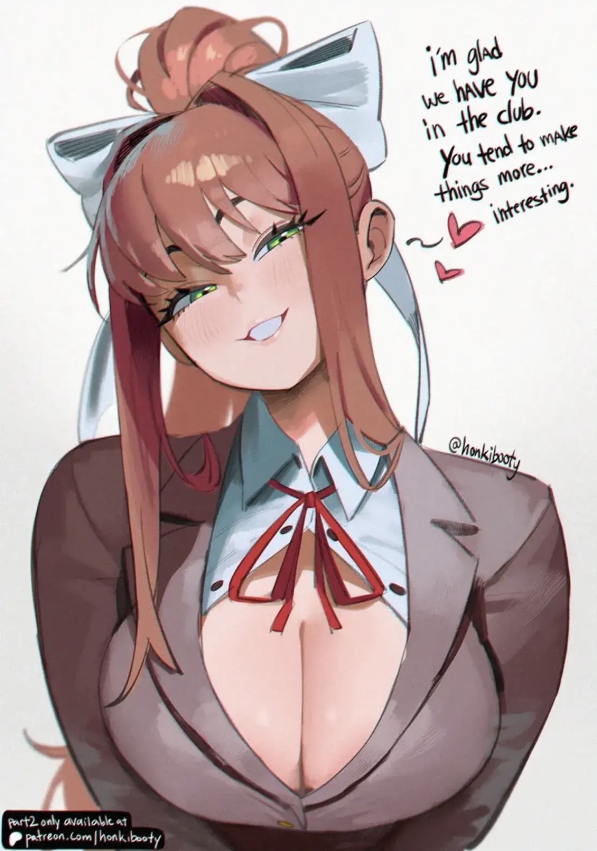 ai generated, ai generated image, artist signature, big booty, big breasts, big cleavage, breasts, brown hair, brown shirt, buttoned shirt, cleavage, doki doki literature club, green eyes, hair bow, hair bun, hair ornament, hair ribbon, head tilt, heart, heart symbol, hi res, honkibooty, huge breasts, long hair, looking at viewer, monika (doki doki literature club), open clothes, open clothing, open shirt, patreon logo, patreon username, red ribbon, school uniform, schoolgirl, simple background, smile, smiling, smiling at viewer, smug, smug expression, smug face, smug smile, squint, squinted eyes, squinting, text, white background