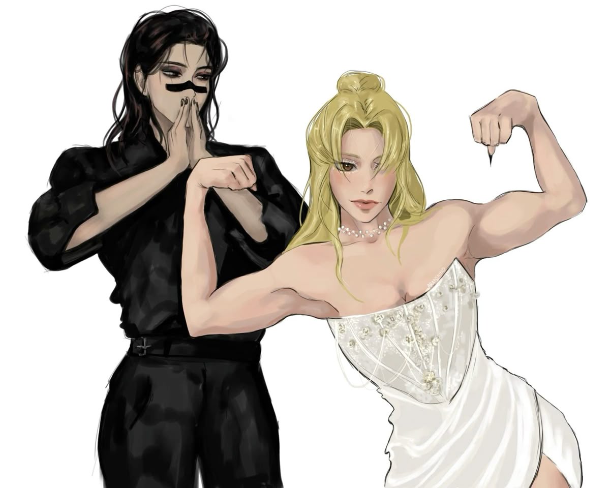 1boy, 1girl, blonde female, blonde hair, choso kamo, female, flexible female, flexing, flexing bicep, funny, impressed, jujutsu kaisen, light skin, male, male/female, meme, muscle mommy, straight, wedding, wedding attire, wedding dress, yuki tsukumo