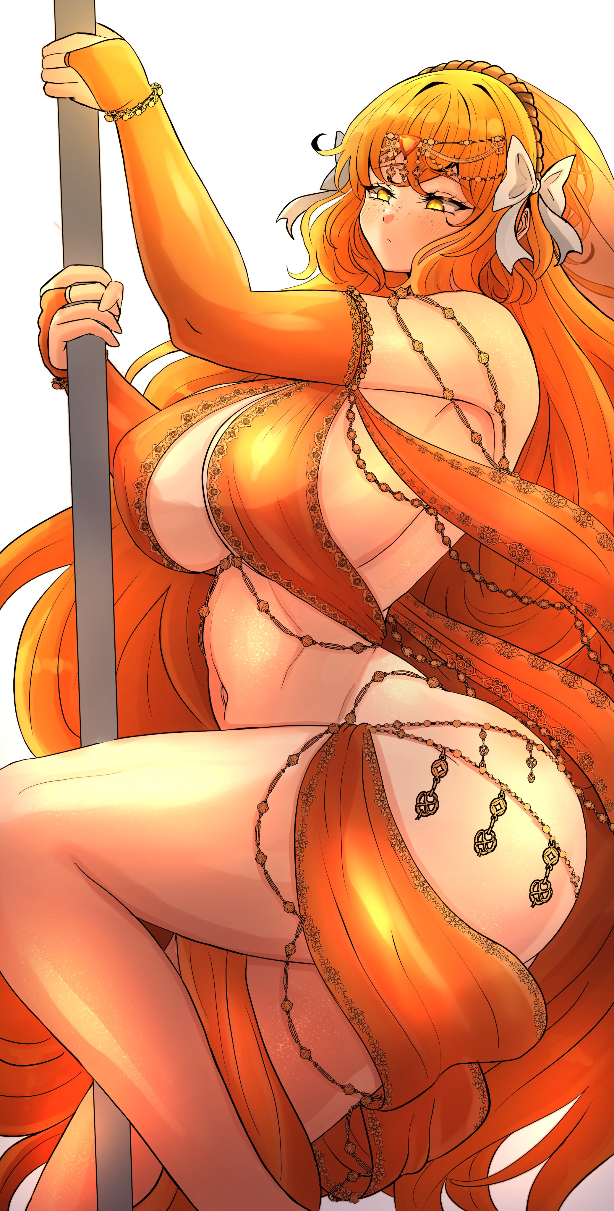 1girls, alternate version available, armpits, bbambi, curvy, dancer, dancer outfit, emotionless, freckles, ginger, harem outfit, ishmael (limbus company), ishmael (project moon), jewelry, large breasts, large thighs, limbus company, long hair, midriff, opera gloves, orange hair, pinup, pole, project moon, revealing clothes, solo, solo female, solo focus, tagme, veil
