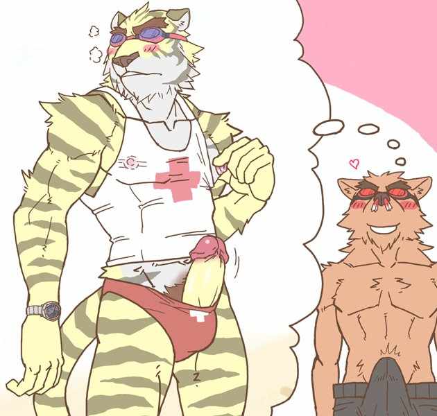 2boys anthro canine erection erection_under_clothes feline fur furry gay lifeguard male male_only muscles penis red_speedo ryuta-h speedo swimwear tiger wolf yaoi