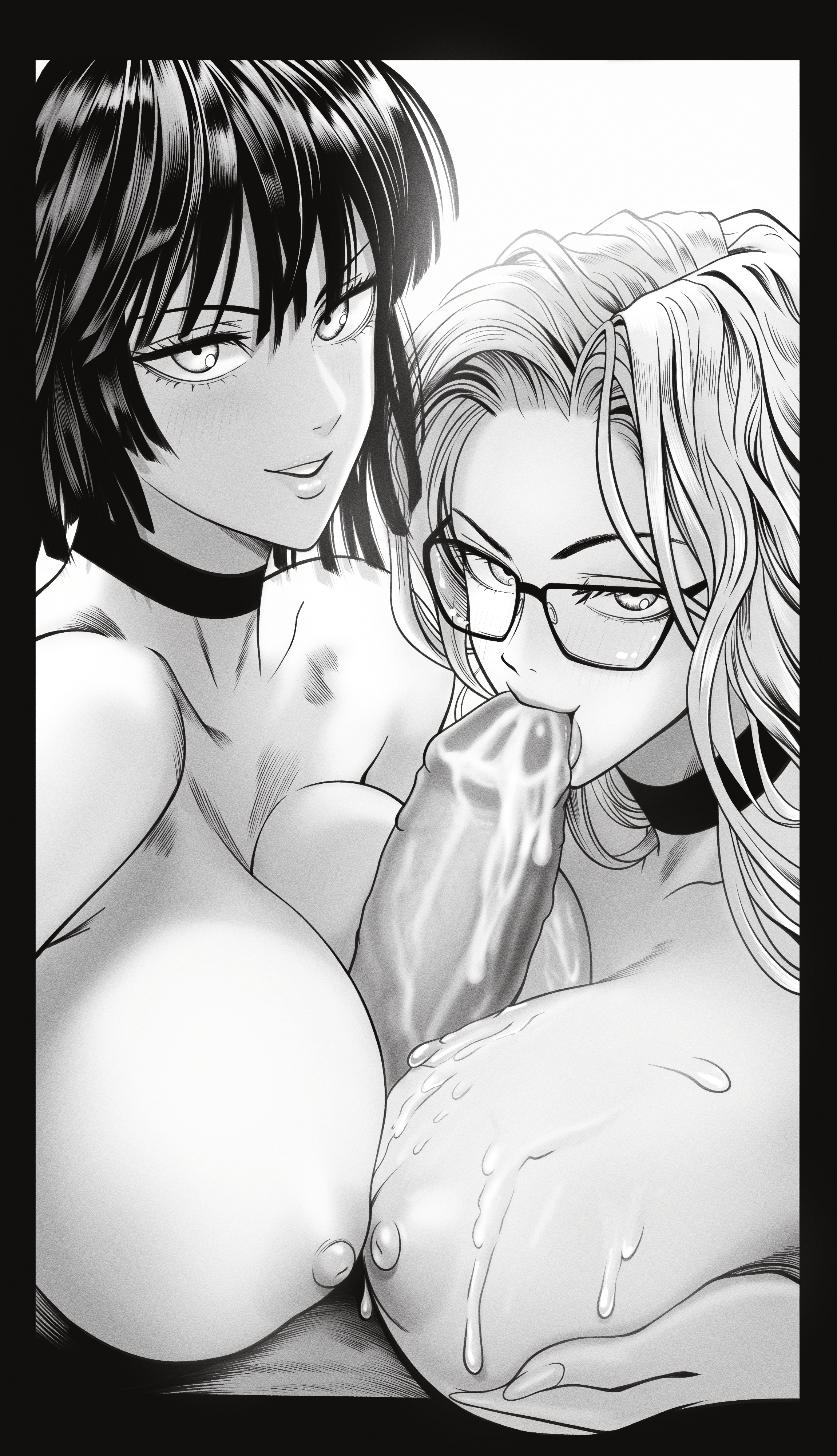 1boy, 2girls, black and white, choker, cum, cum on breasts, double paizuri, fellatio, female focus, fubuki (one-punch man), glasses, grabbing own breast, holding breast, holding own breast, huge breasts, human, human female, large breasts, large penis, long hair, looking at viewer, male, monochrome, mostlybluewyatt, no text version, one-punch man, oral, paizufella, paizuri, pov, psykos, seductive look, short hair, shueisha, smiling at viewer, sucking penis, topless, unseen male face