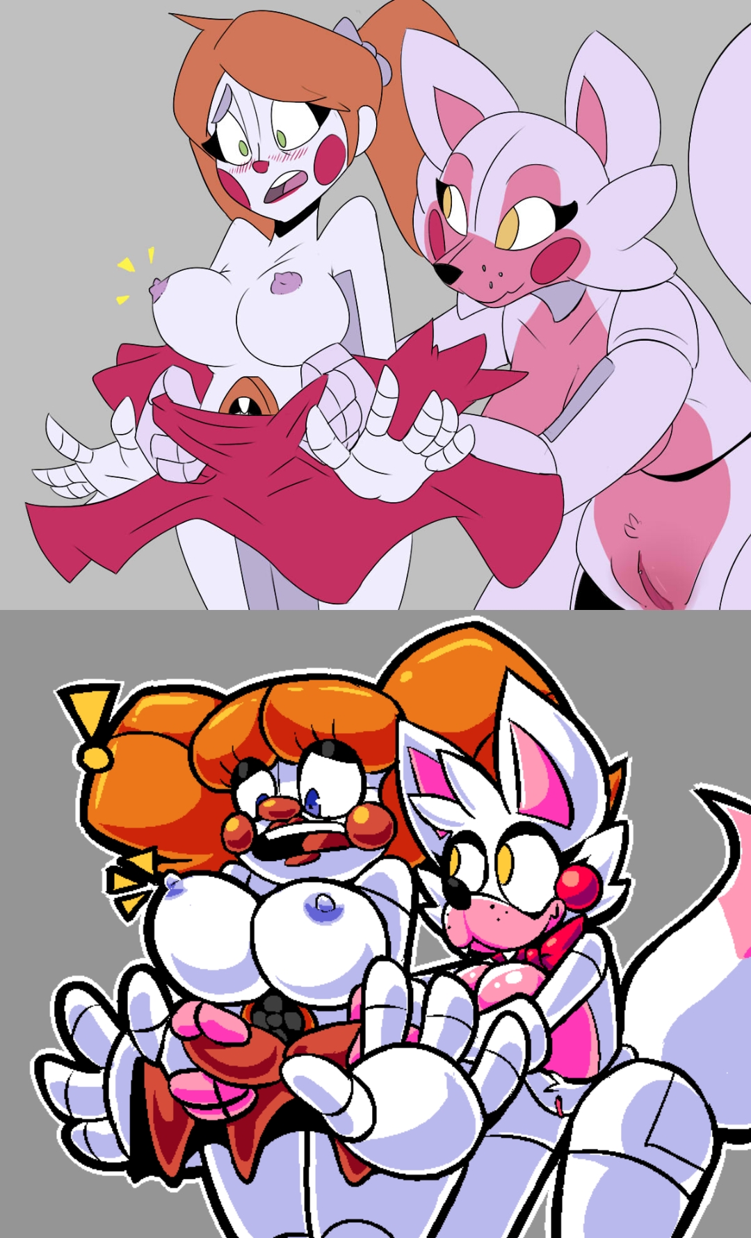 2girls, blue eyes, boy saltiest, breasts, circus baby (fnaf), female, female only, five nights at freddy's, five nights at freddy's: sister location, five nights at frickbears, five nights at frickbears 3, funtime foxy (fnaf), green eyes, jailbait knight, mysaltisexposed, reference image, remake, tagme, undressing