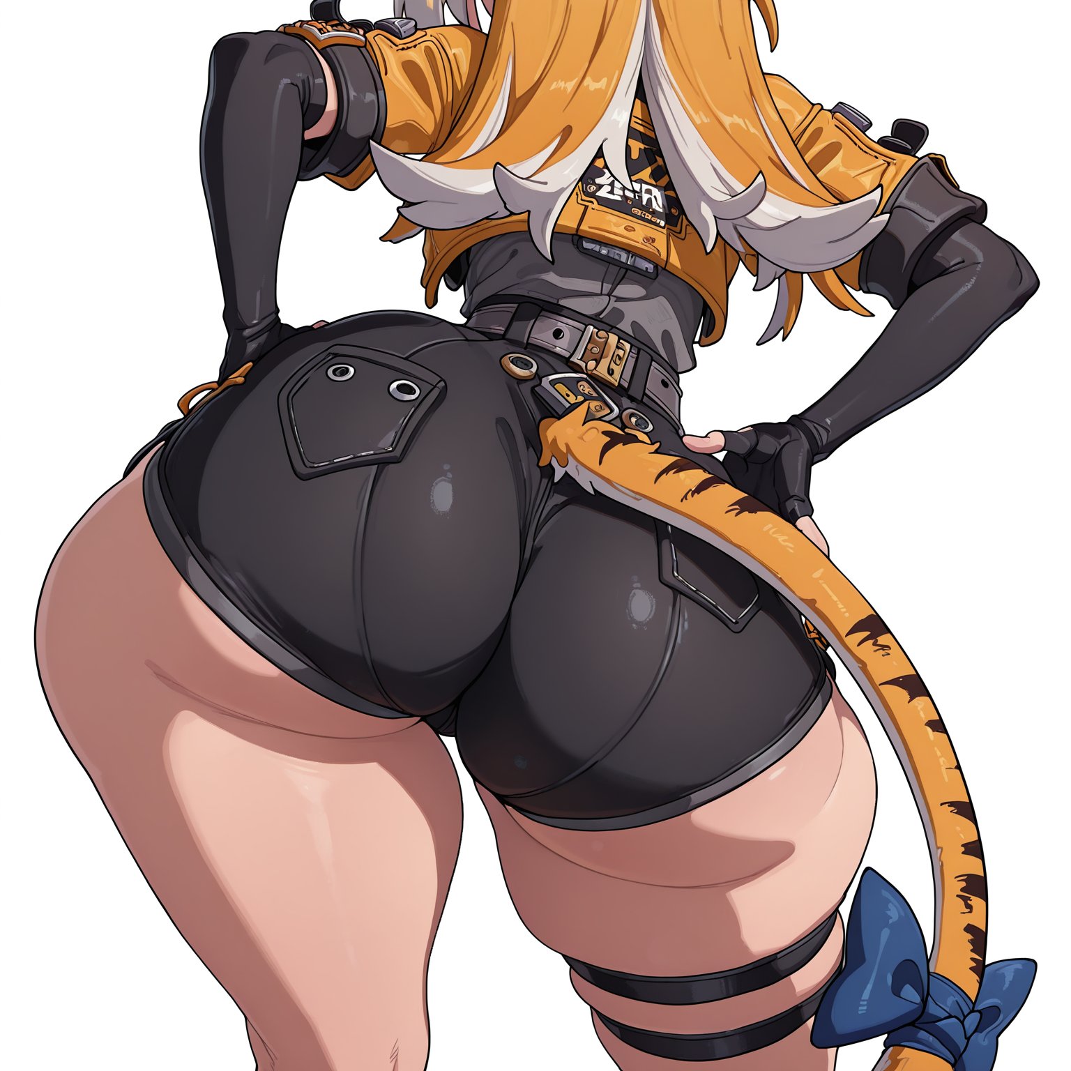 1girl, 2026, 2d, absurd res, absurd resolution, absurdres, ai generated, ass, ass focus, ass hanging out, ass hanging out of shorts, belt, big penis, black gloves, black shorts, booty shorts, bow, cropped jacket, elbow gloves, facing away, fingerless gloves, from behind, gloves, hands on own hips, hi res, high quality, high resolution, highres, huge ass, image, jacket, ju fufu, ju fufu (zenless zone zero), long hair, minjad, multicolored hair, orange hair, patreon, shiny skin, short shorts, shorts, simple background, skindentation, solo, tail, tail bow, tail ornament, thick thighs, thigh strap, thighs, tiger ears, tiger girl, tiger tail, uncensured, virtual youtuber, white background, white hair, wide hips, zenless zone zero