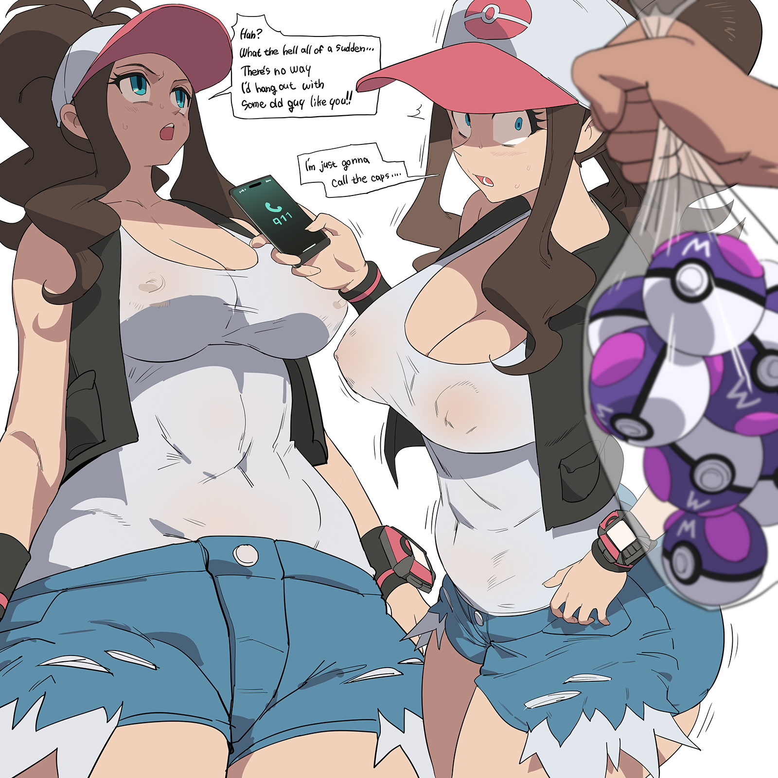 1girls, alternate version available, big breasts, blue eyes, breasts, brown hair, calling, cleavage, clothed, clothed female, clothing, convinced, covered nipples, denim, denim shorts, dialogue, english text, female, female focus, fully clothed, game freak, hat, hilda (pokemon), human, human only, kids gamera, large breasts, light skin, long hair, male, master ball, nintendo, nipples, nipples visible through clothing, no bra, no bra under clothes, non-monetary prostitution, offering, offering to another, offscreen character, offscreen male, open eyes, open mouth, phone, phone call, phone screen, pokemon, pokemon bw, police, prostitution, shirt, short shorts, shorts, simple background, speech bubble, tank top, text, text bubble, unusual payment (prostitution), white background, wide eyed, yuta agc