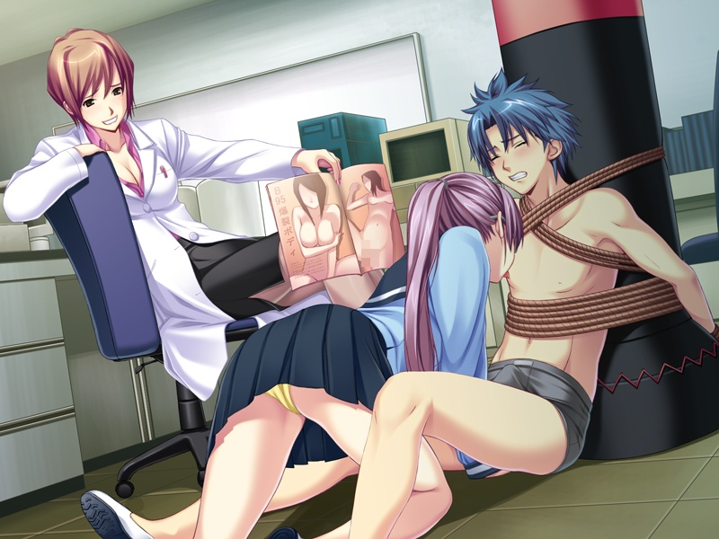 1boy 2girls ayakawa_haruki bent_over blue_hair blush bondage boy_rape breasts brown_hair bulge circle_hitori cleavage clenched_teeth clothing cuckquean endured_face erection female_rapist femdom game_cg glasses infirmary labcoat licking licking_male_nipple long_hair male male_rape_victim malesub medical miniskirt multiple_girls nipple_licking nippleplay nurse's_office panties pantyshot penis pornography purple_hair rape revenge reverse_rape rope sailor sailor_uniform school_nurse school_uniform science short_hair skirt slave smile smiling_rapist soushinjutsu_3 straight teaching tied_to_column underwear watching yellow_panties yoshimine_rei