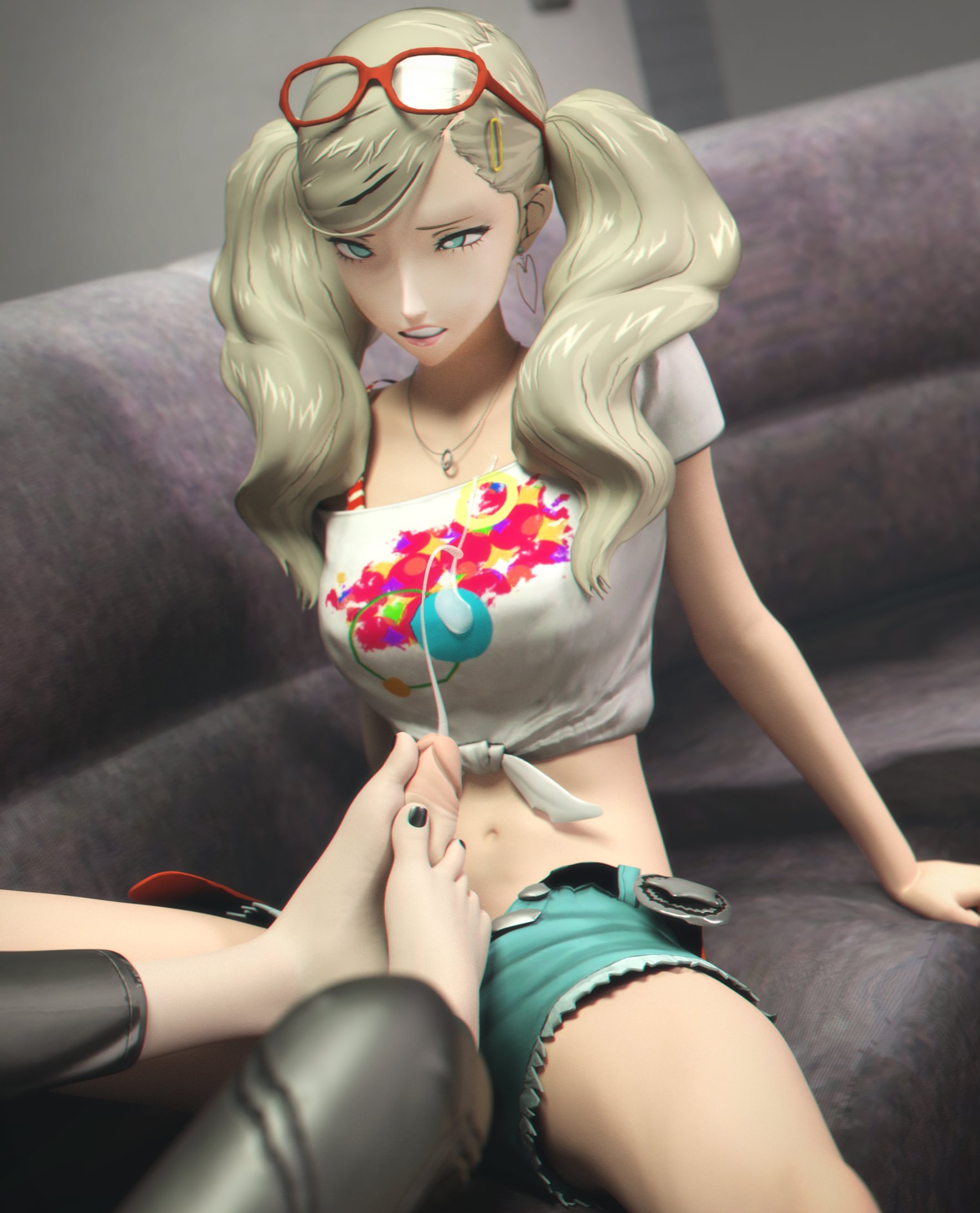 1futa, 2girls, alternate version available, ann takamaki, ann takamaki (strikers casual), barefoot, black toenails, blonde hair, blue eyes, clothed, cum, dawadd, ejaculation, feet, female on futa, femdom, foot fetish, footjob, futa on female, futanari, futasub, light-skinned female, light-skinned futanari, looking pleasured, makoto niijima, makoto niijima (strikers casual), painted toenails, persona, persona 5, toejob