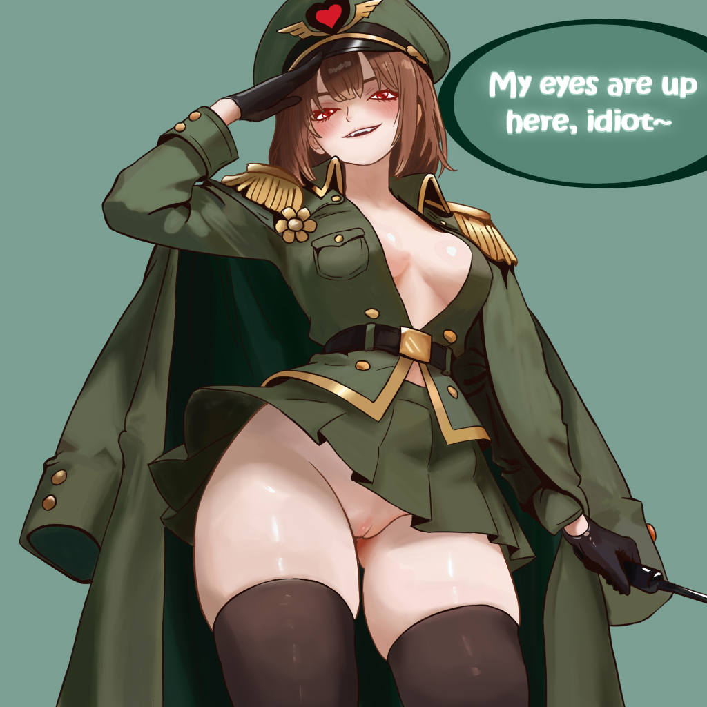 army_girl artlongon blush bottomless brat breasts brown_hair cape chara chara_(undertale) dominant_female female female_chara female_soldier femdom gloves hat looking_at_viewer medium_breasts military_hat military_uniform no_bra no_panties open_clothes pussy red_eyes saluting short_hair skirt smile smirk smug solo speech_bubble teasing text thighhighs undertale undertale_(series) undertale_au whip