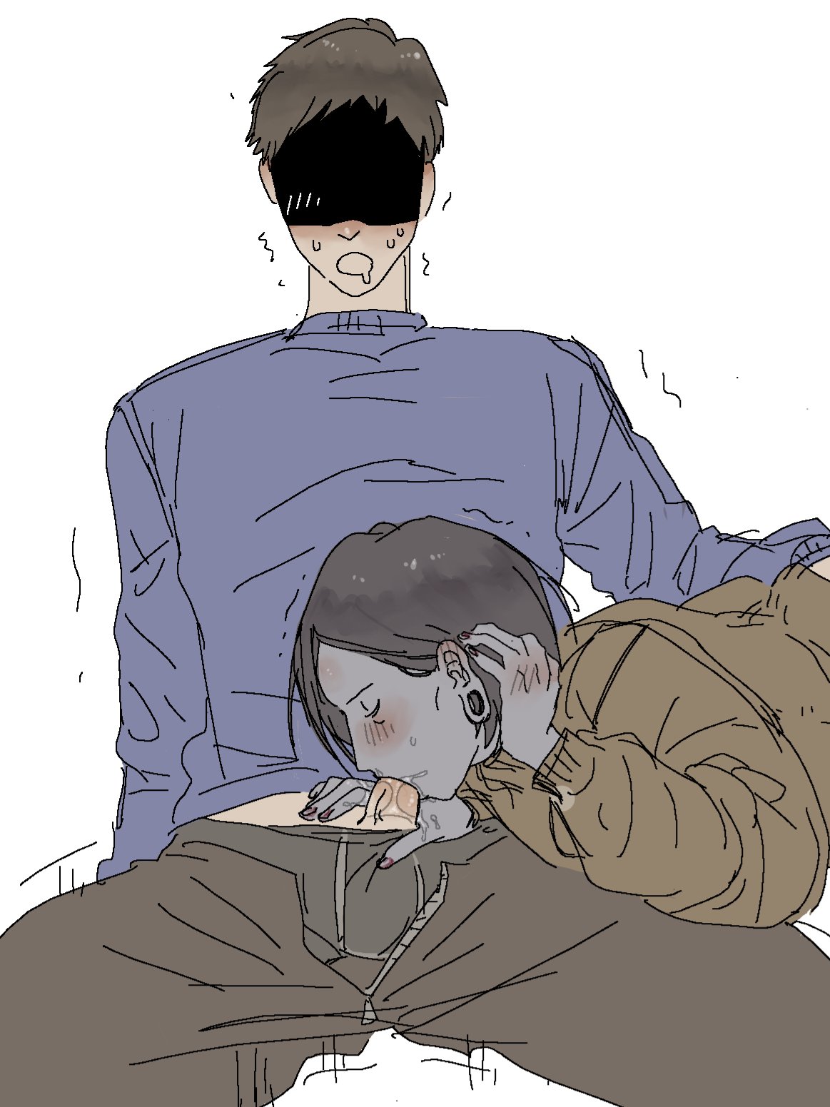 2boys, androgynous, black hair, blowjob, blue body, blue skin, blush, coat guy (no, i'm not a human), fellatio, gauged ear, gay, ixnsfw07, male, male only, no, i'm not a human, oral, penis, penis out, protagonist (no, i'm not a human), saliva, shaded face, sweat, tucking hair, twink, uncensored, yaoi