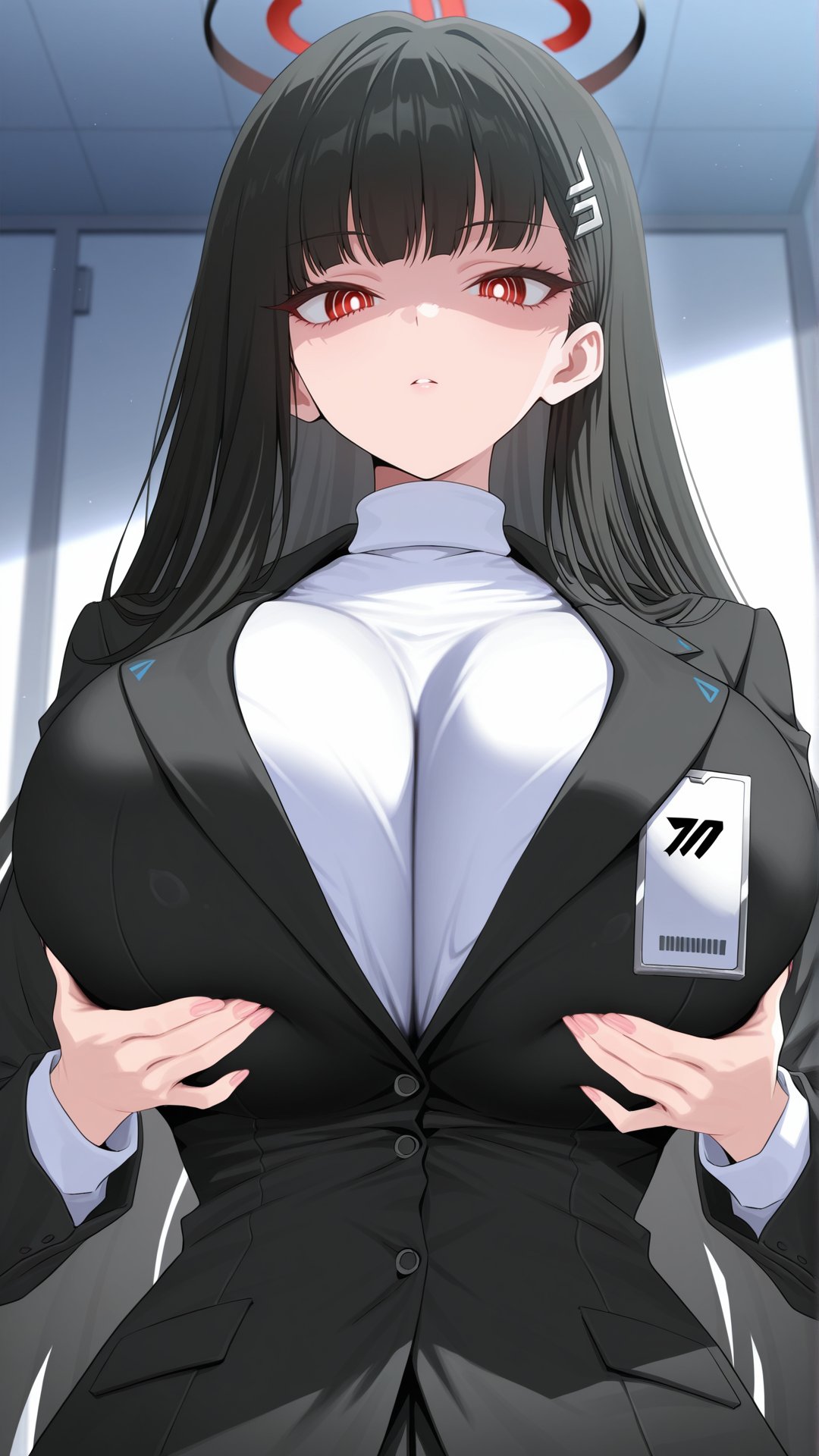 1girls, ai generated, black hair, blue archive, breast grab, breasts, clothed, clothed female, disgust, disgusted, female, halo, huge breasts, light skin, light-skinned female, looking at viewer, nikumist, pov, presenting, presenting breasts, red eyes, rio (blue archive), shaded face