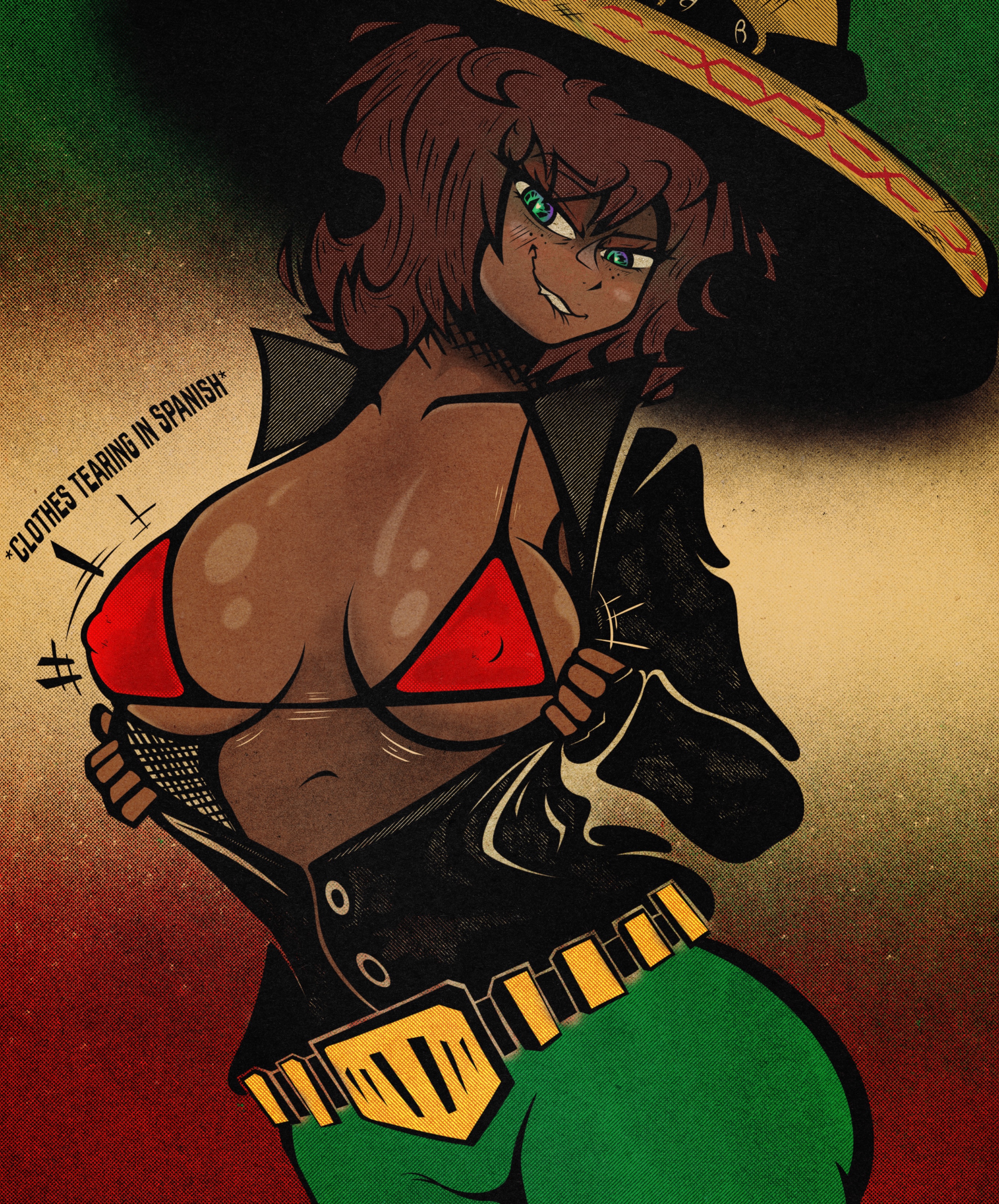 1girls, aida (limbus company), big ass, biting lip, blush, bra, breasts, brown hair, dark skin, dark-skinned female, female, freckles, green eyes, hat, heart, heart-shaped pupils, limbus company, looking at viewer, medium hair, nipple bulge, nipples visible through clothing, opening shirt, penordestoroyer, project moon, sombrero, very high resolution