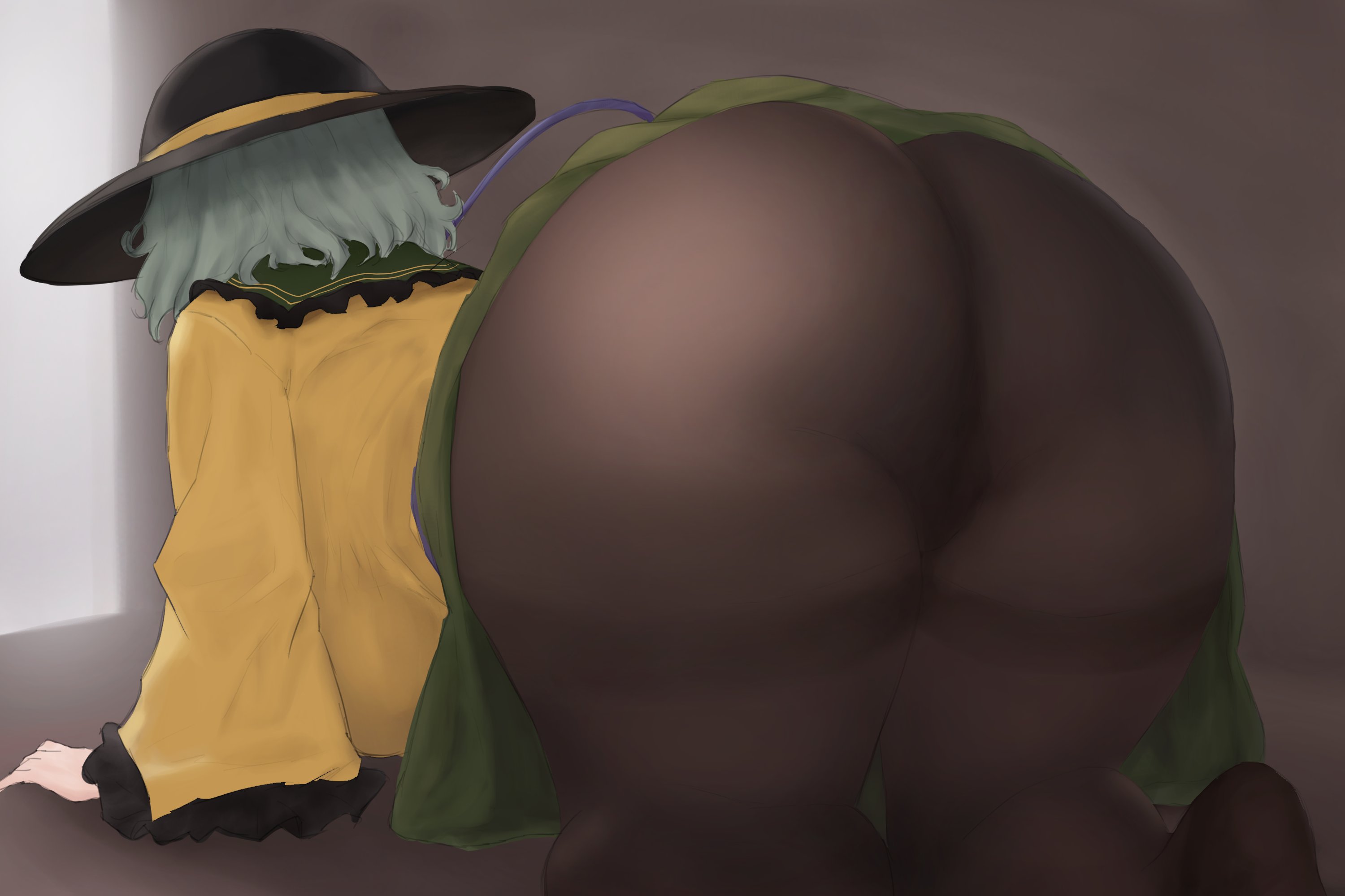 1girls, ass, big ass, big breasts, breasts, female, green hair, green skirt, hair, hat, huge ass, huge breasts, koishi komeiji, komeiji koishi, medium hair, moriforest1040, pantyhose, shirt, skirt, skirt lift, third eye (touhou), touhou, yellow shirt