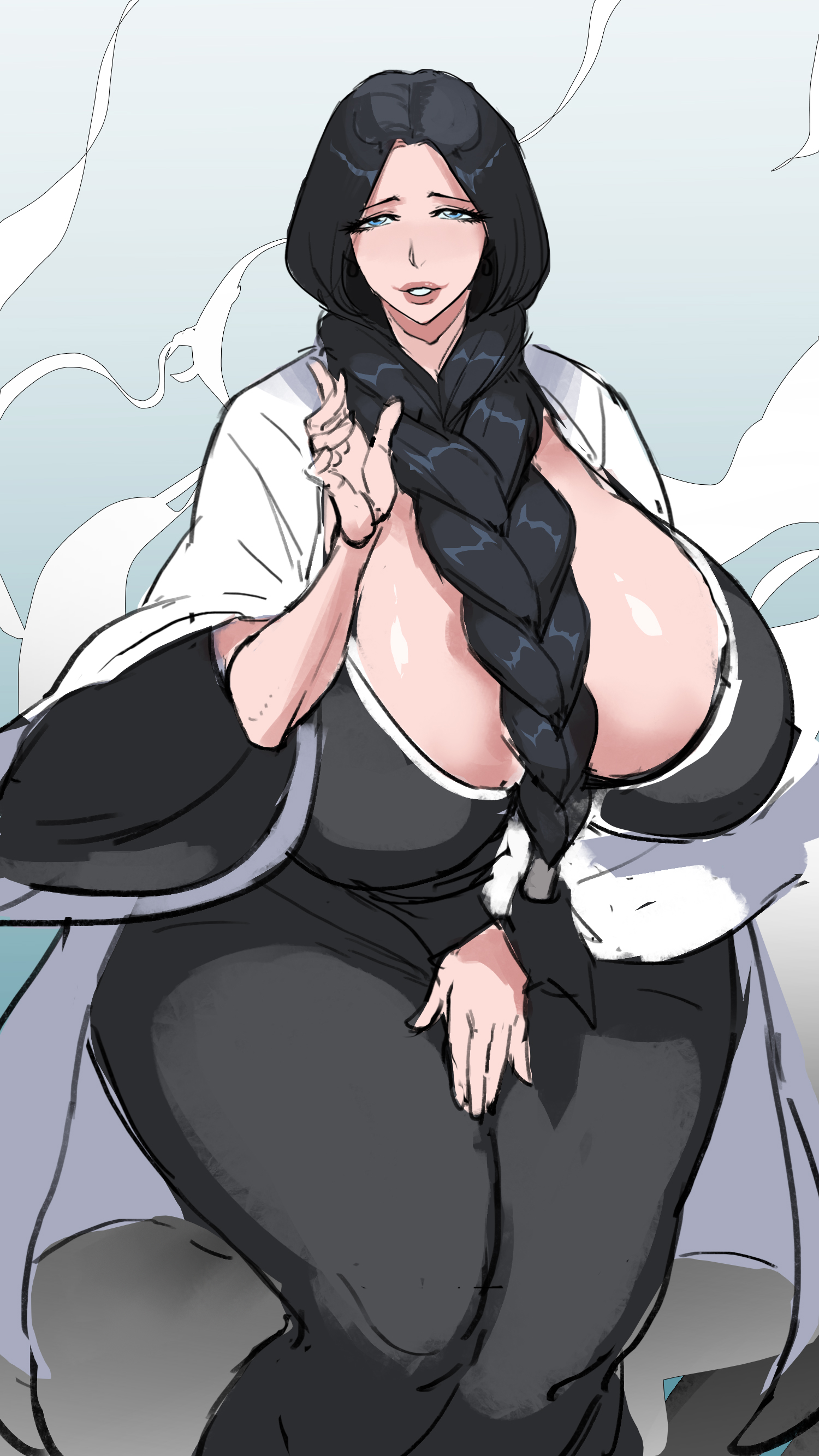 1girls, 69 (artist), big breasts, black hair, bleach, blue eyes, breasts, female, female only, huge breasts, large breasts, light-skinned female, long hair, marshviolet8, mature, mature female, solo, unohana retsu