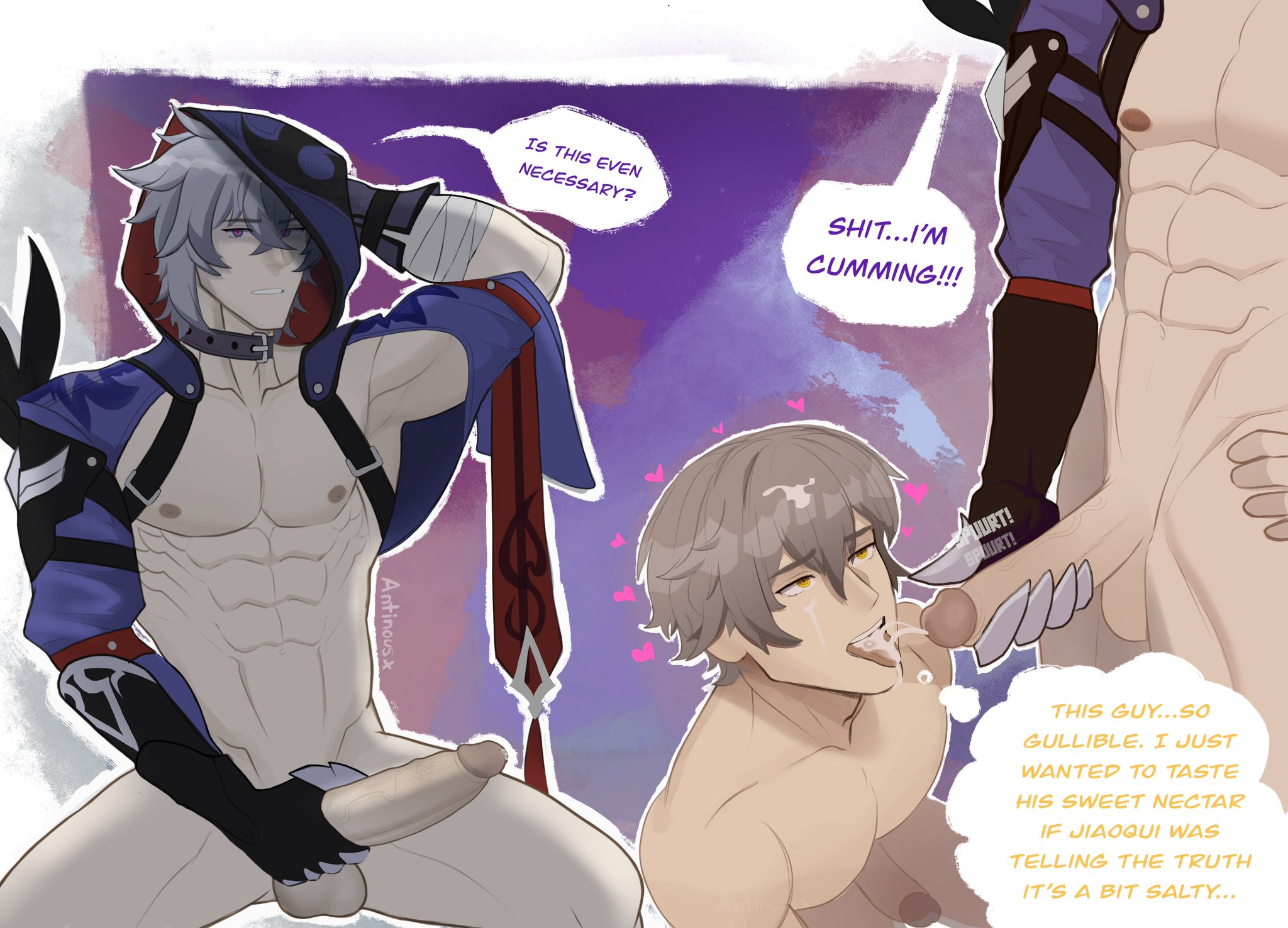 2boys, abs, blowjob, caelus (honkai: star rail), collar, cum, cum in mouth, english text, fellatio, gay, grey hair, honkai: star rail, hoyoverse, light skin, light-skinned male, male, male only, male/male, mihoyo, moze (honkai: star rail), muscular, muscular male, nipples, partially clothed, purple eyes, sekima smut, shaved crotch, simple background, tagme, white hair, yaoi, yellow eyes