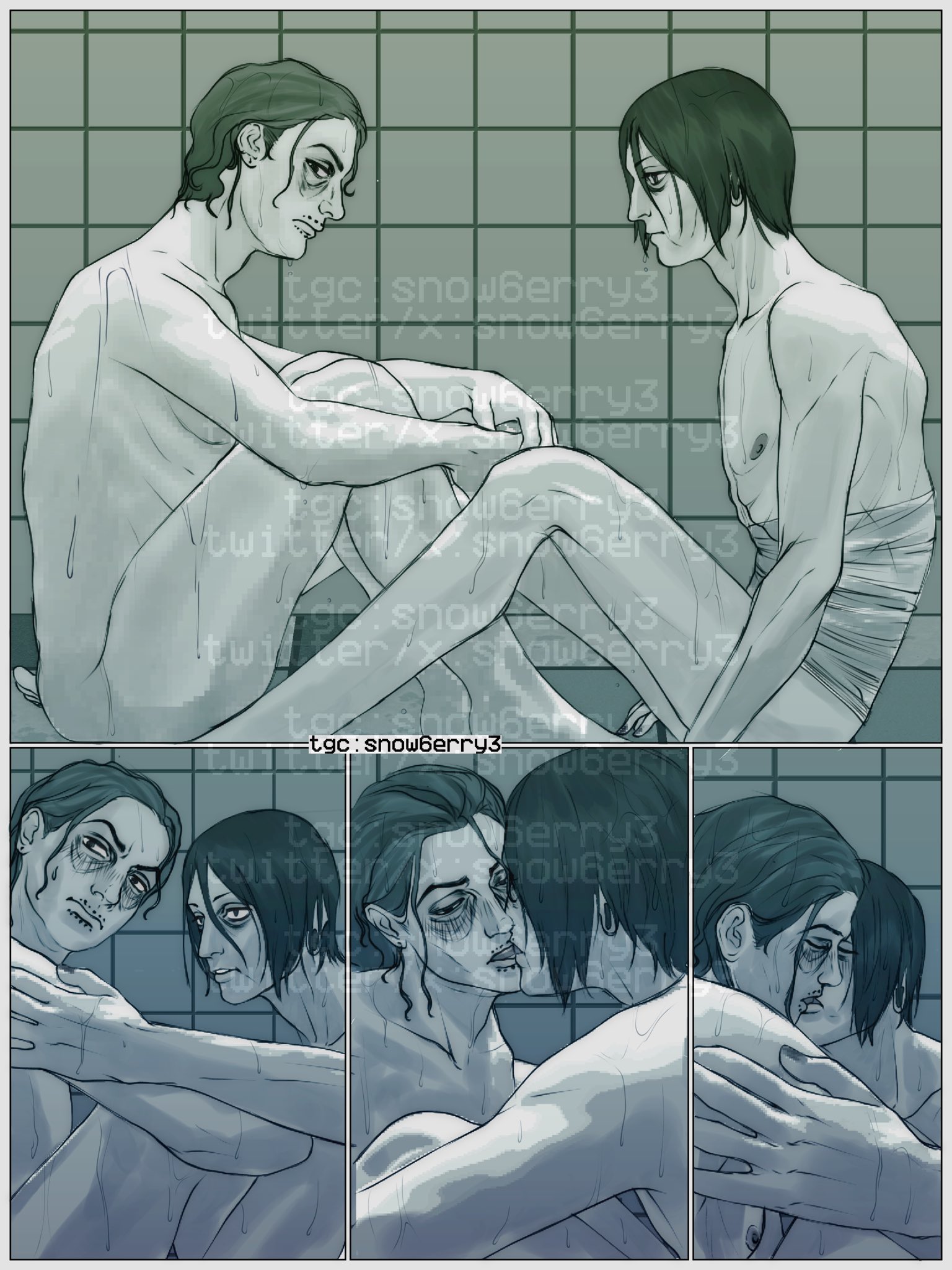 2boys, bags under eyes, bath, bathing, bathroom, bathtub, coat guy (no, i'm not a human), completely nude, gauged ear, gay, kissing, male, male only, monochrome, no visible genitalia, no, i'm not a human, nude, skinny, snow6erry3, wet hair, wireface (no, i'm not a human), yaoi
