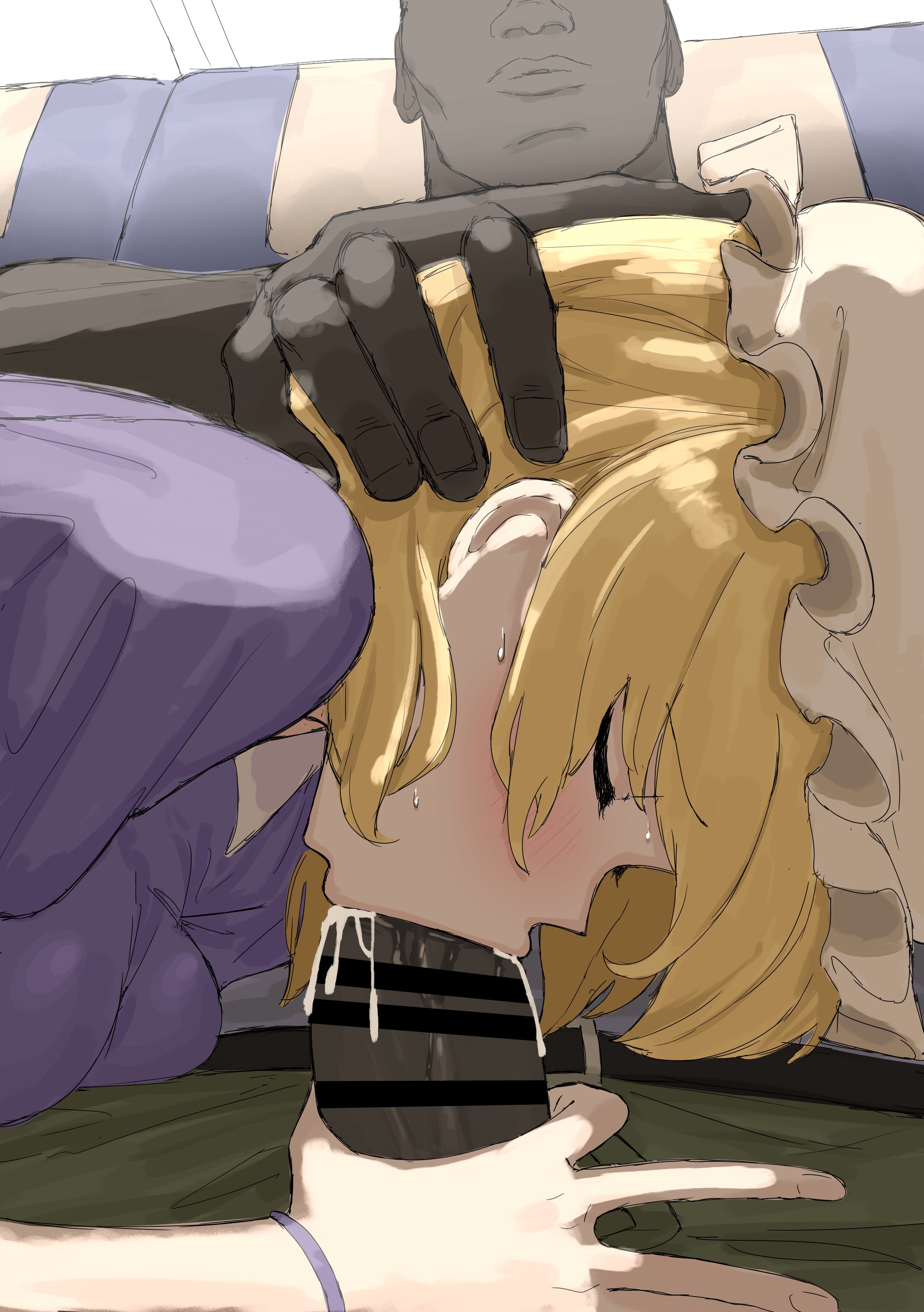 :>=, 1boy, 1girls, akiraxians92951, blonde, blonde female, blonde hair, blonde hair female, blonde-haired female, blush, censored, closed eyes, clothed female, clothing, cum, cum in mouth, dark skin, dark-skinned male, fellatio, female, female focus, grabbing penis, handjob, hat, head grab, interracial, kumiyabe, light skin, light-skinned female, male, maribel hearn, medium hair, oral, oral sex, pants down, penis, sweat, touhou