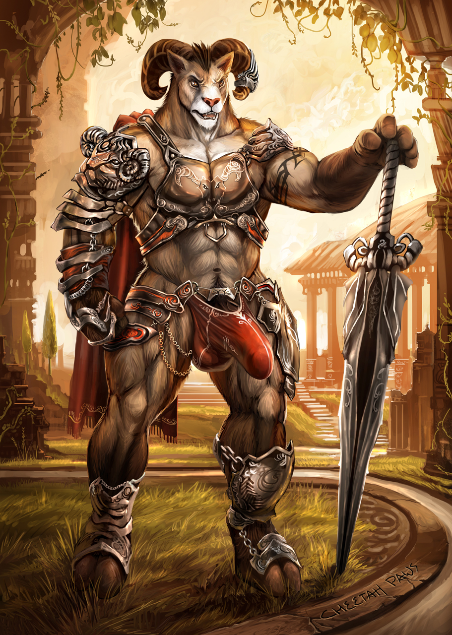 1boy anthro armor big_penis bighorn bulge cheetahpaws full-length_portrait full_length furry male male_only muscles penis penis_outline portrait ram shawn_ye sheep solo standing sword warrior weapon