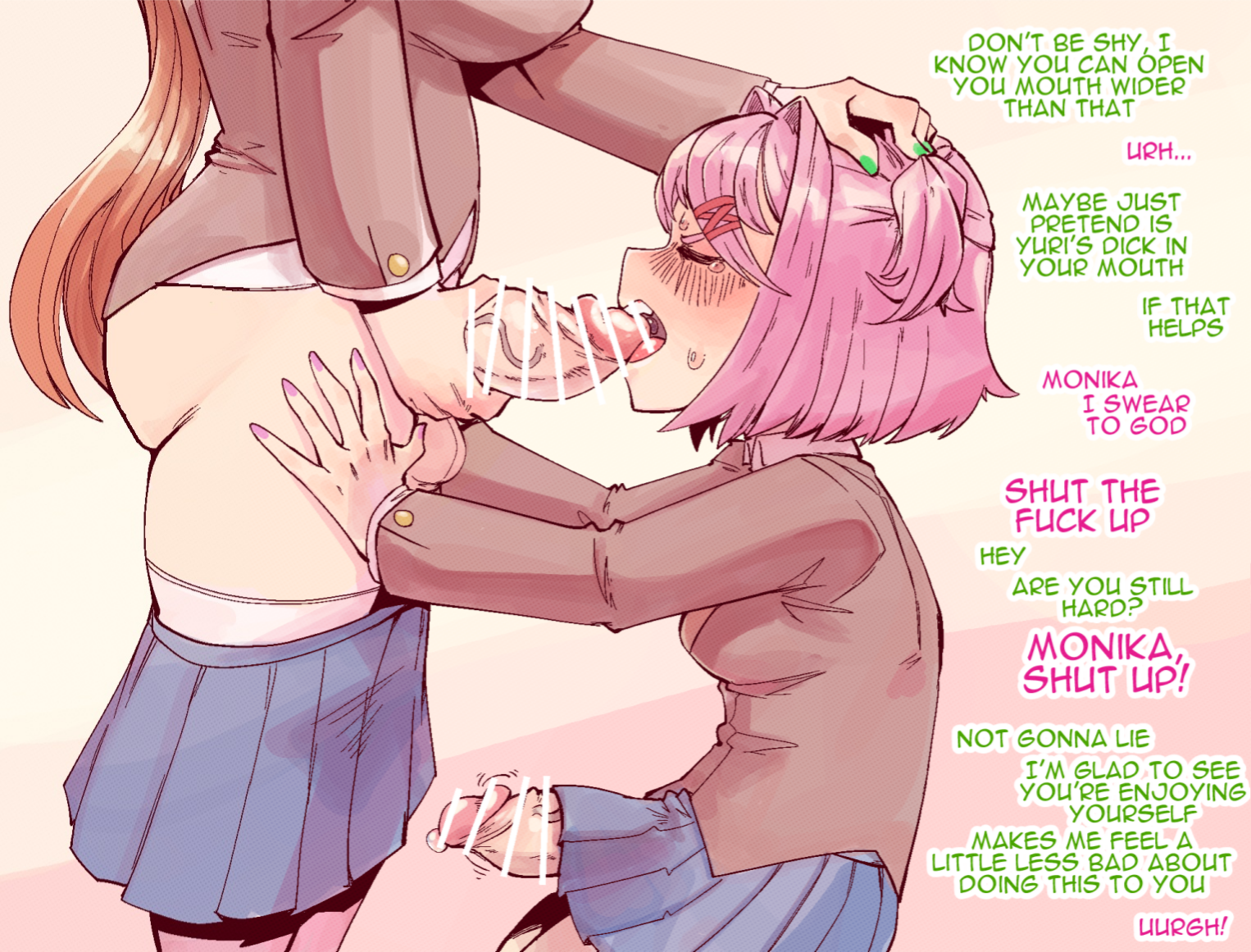 2025, 2futas, annoyed, ass, balls, big ass, big breasts, big penis, biting, biting penis, blackmail, blowjob, blush, bodily fluids, boner, boner under clothes, box chan, breast size difference, breasts, brown hair, busty, censored, closed eyes, clothed, clothed futa, clothing, coercion, curvaceous, curvy, doki doki literature club, duo, embarrassed, erection, erection under clothes, erection under clothing, erection under skirt, fellatio, futa on futa, futa only, futanari, genital fluids, green nails, hand on another's head, head grab, holding penis, human, human only, intersex, intersex only, intersex/intersex, just the tip, kneeling, large ass, large breasts, large penis, legs together, legwear, light skin, light-skinned futa, long hair, medium breasts, medium hair, monika (doki doki literature club), nail polish, natsuki (doki doki literature club), open mouth, oral, oral penetration, oral sex, partially clothed, penis, penis grab, penis in mouth, penis out, penis under skirt, pink hair, pink nails, precum, rape, school uniform, short twintails, side view, simple background, skirt, skirt down, standing, teasing, teeth, tenting, testicles, text, thighhighs, thighs, tongue, twintails, uniform, voluptuous