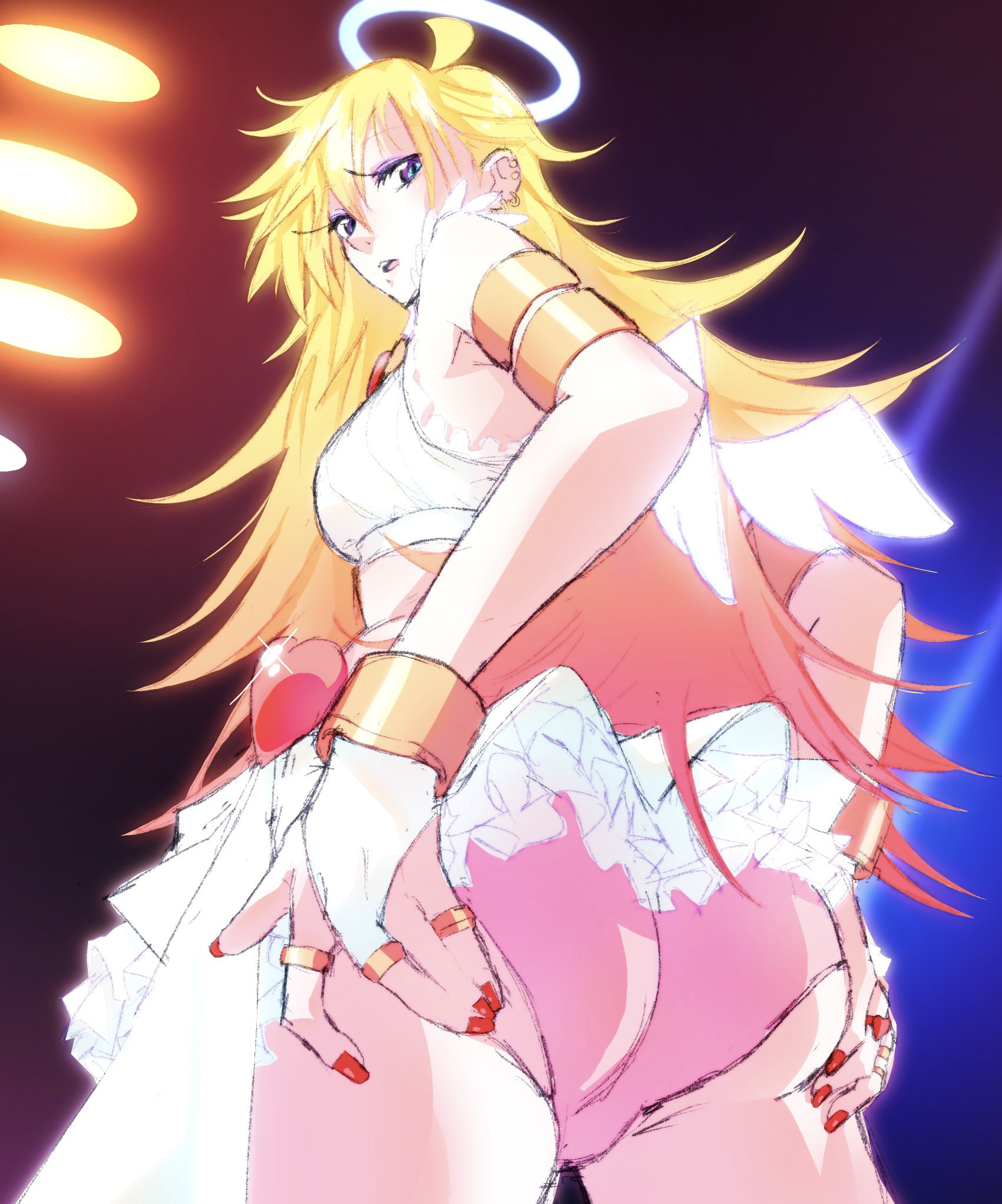 1girls, accurate, accurate art style, accurate artstyle, accurate body type, accurate proportions, angel, angel girl, angel wings, artstyle imitation, ass, ass focus, ass grab, bare shoulders, blonde hair, blue eyes, breasts, butt, butt focus, butt grab, clothed, clothed female, clothes, clothing, crop top, ebikkusu u, female, female focus, female only, gainoob, gloves, grabbing ass, groping ass, groping self, halo, hand on ass, headgear, long hair, looking back, panties, panty & stocking with garterbelt, panty anarchy, pink panties, short skirt, skirt, solo, solo female, solo focus, tagme, thick thighs, viewed from below, voluptuous, wide hips