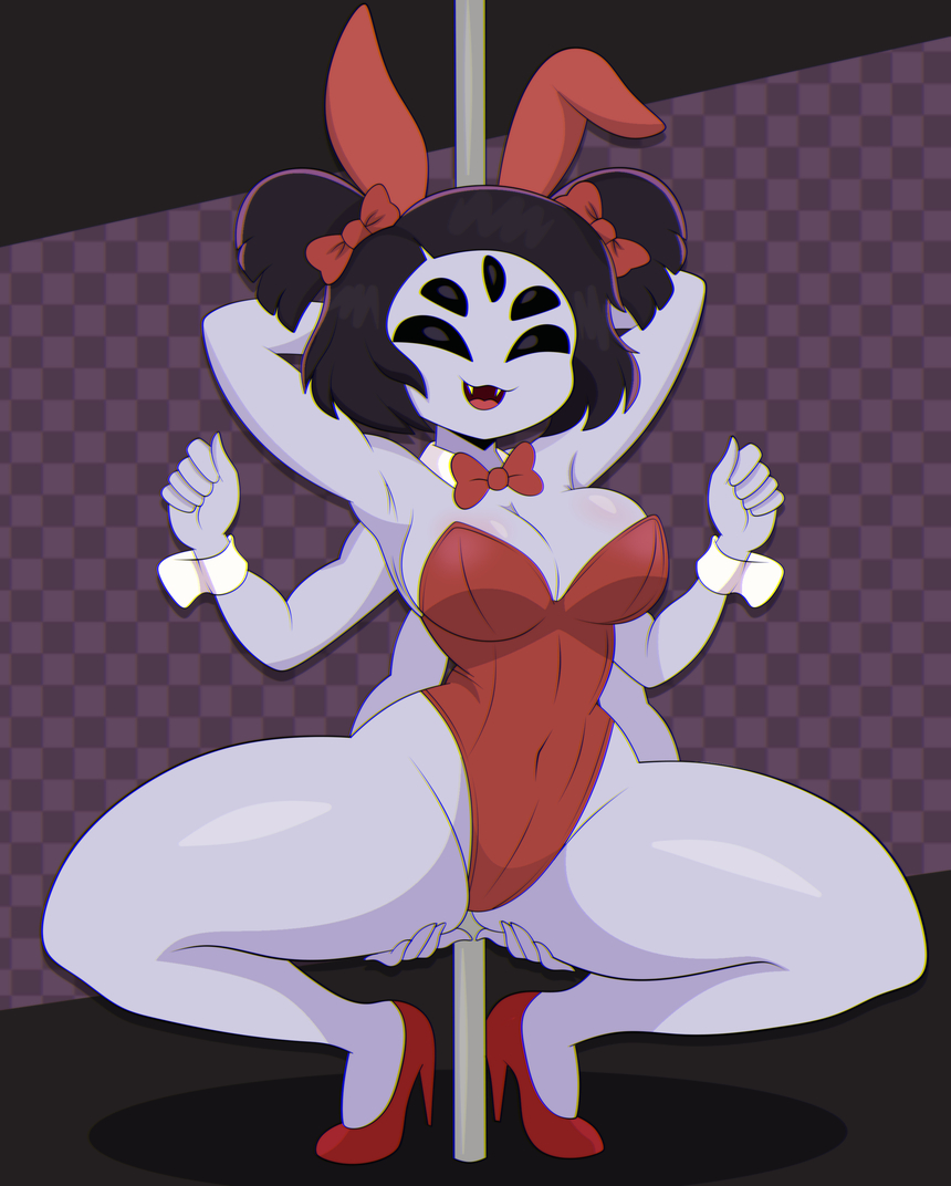 5 eyes, big breasts, breasts, bunny ears, bunnysuit, dancing, fangs, female, high heels, looking at viewer, monster girl, muffet, pole, spider dance, spider girl, superbage, thick thighs, undertale, undertale (series)