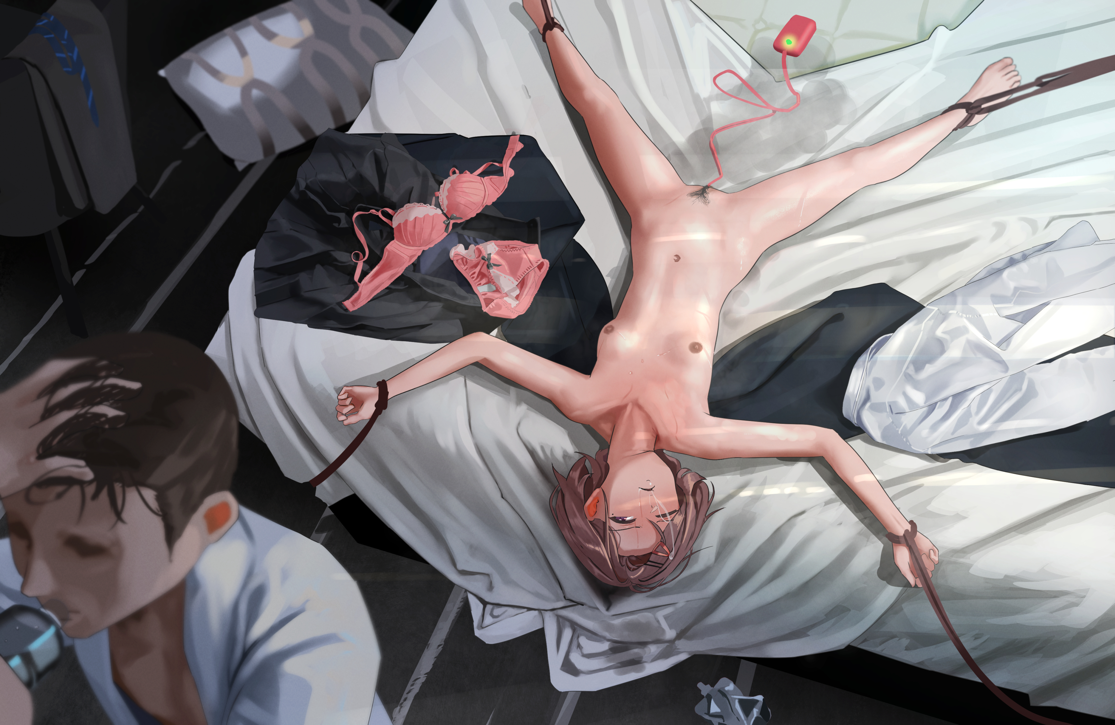 18yo, 1girls, 1male, bondage, breasts, female, higuchi madoka, idolmaster, idolmaster shiny colors, male, naked female, pussy, saliva trail, small breasts, teenager, tied hands, tied up, trimmed pubic hair, vibrator in pussy
