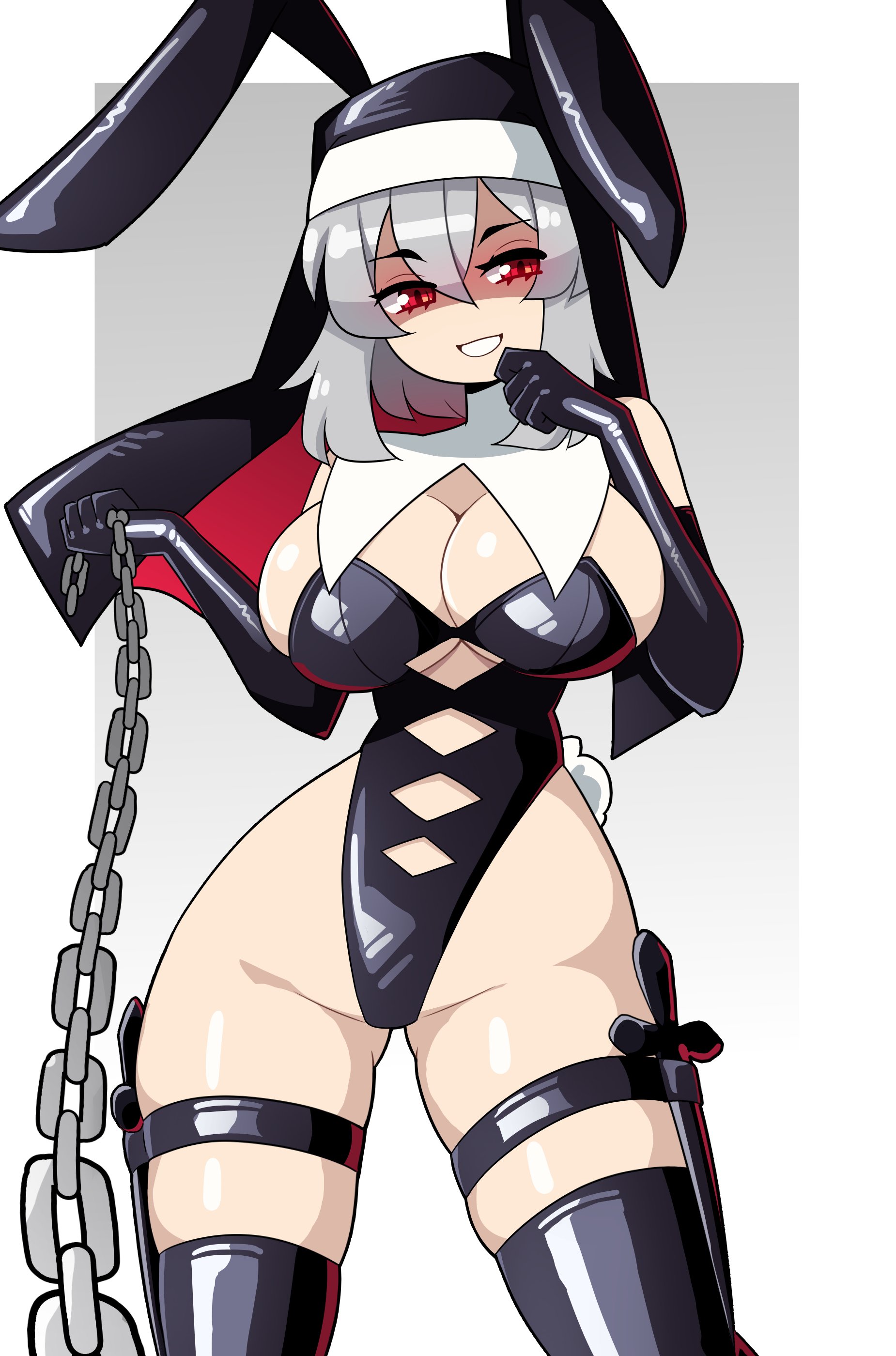 1girls, armwear, big breasts, breasts, bunny ears, bunny girl, chain leash, chains, cleavage, commission, dominatrix, elbow gloves, female, female only, femdom, gloves, grin, grinning at viewer, hi res, j5daigada, latex gloves, leash, leashed pov, leotard, long gloves, looking at viewer, nun, nun hat, nun outfit, red eyes, revealing clothes, shiny clothes, skimpy, skimpy clothes, smiling, smiling at viewer, solo, submissive pov, thick thighs, thigh strap, thighhighs, very high resolution, voluptuous, white hair, wide hips