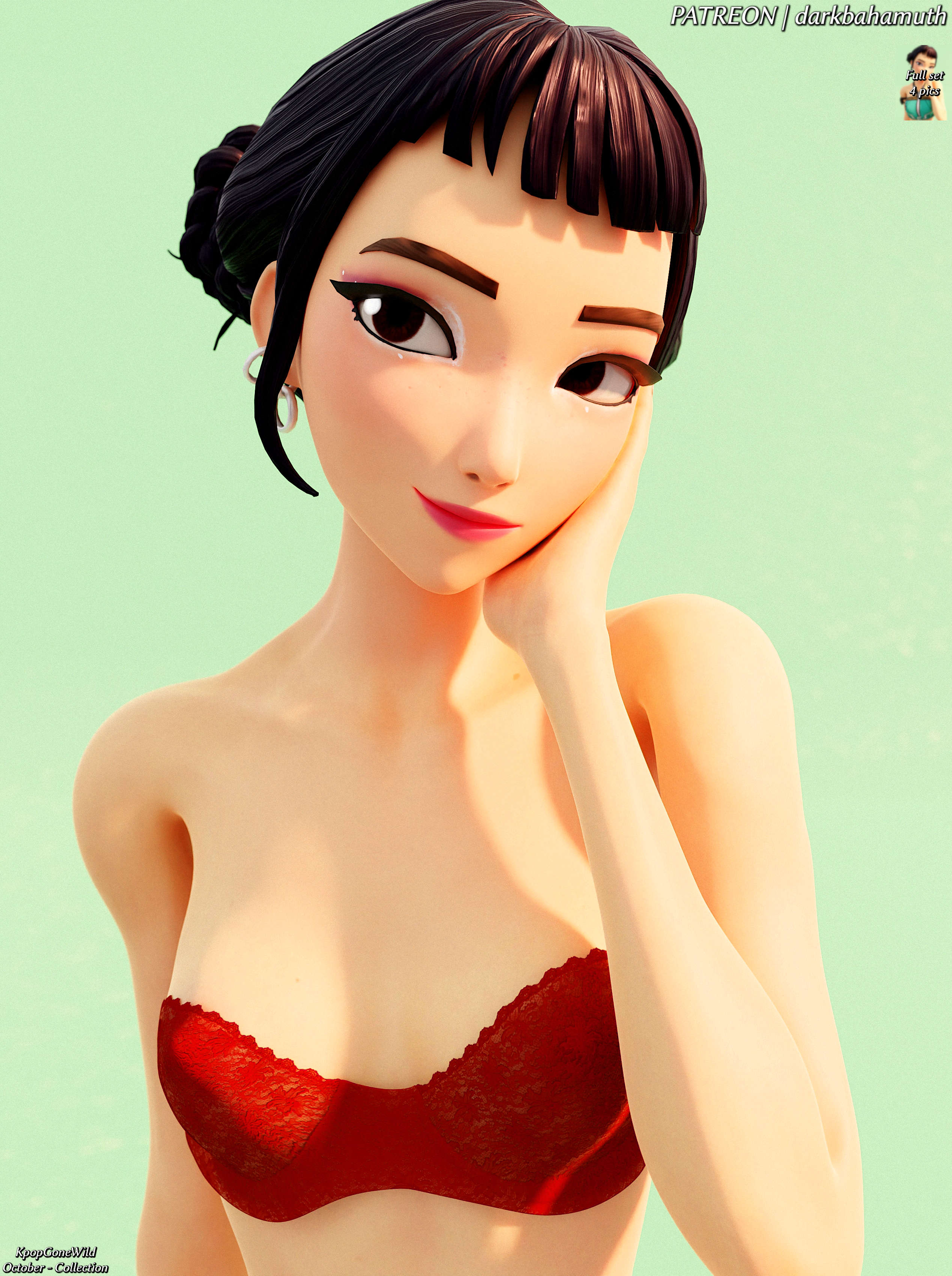 3d, 3d (artwork), bra, breasts, cute, darkbahamuth, female, fortnite, innocent, kpop demon hunters, lingerie, petite, petite body, pinup, small breasts, teenage female, teenager, young, zoey (kpop demon hunters)