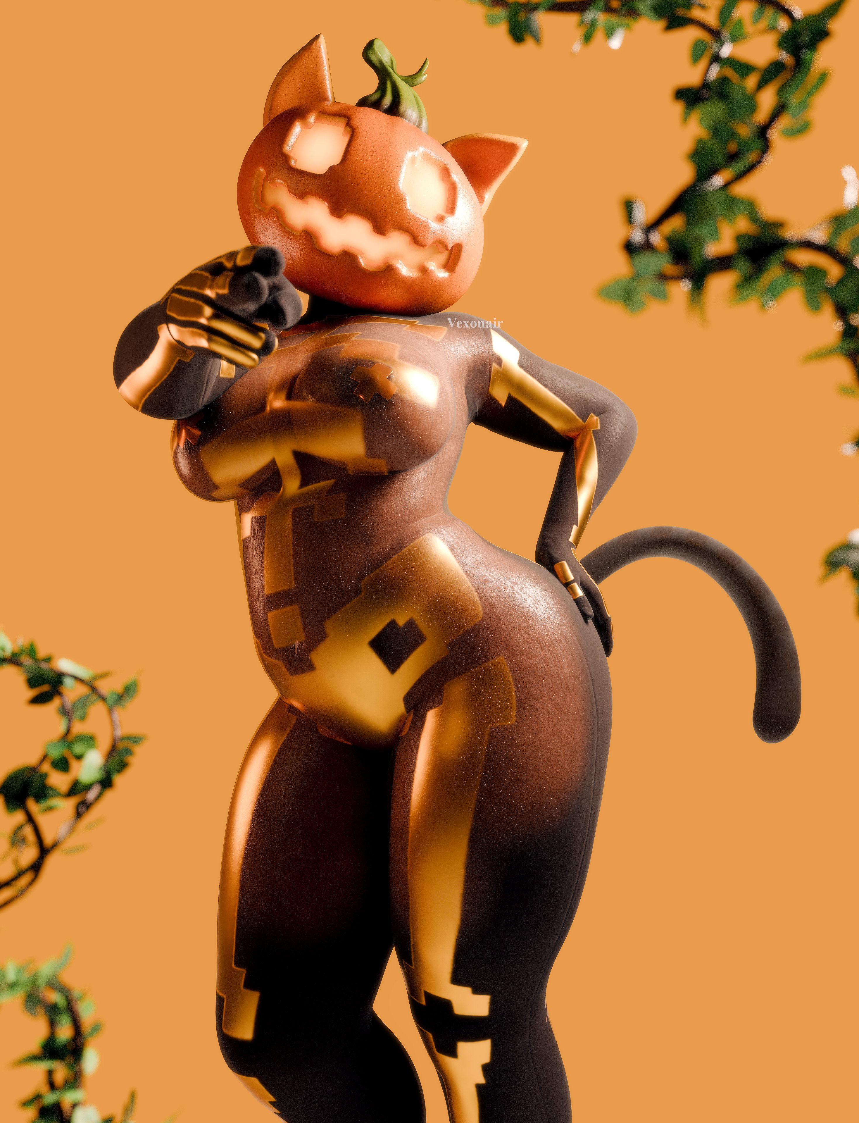 3d, big breasts, breasts, fat, female, fortnite, gesture, gesturing at viewer, human artist, jack-o'-lantern, no ai, pumpkin head, solo, solo female, solo focus, spice (fortnite), standing, vexonair