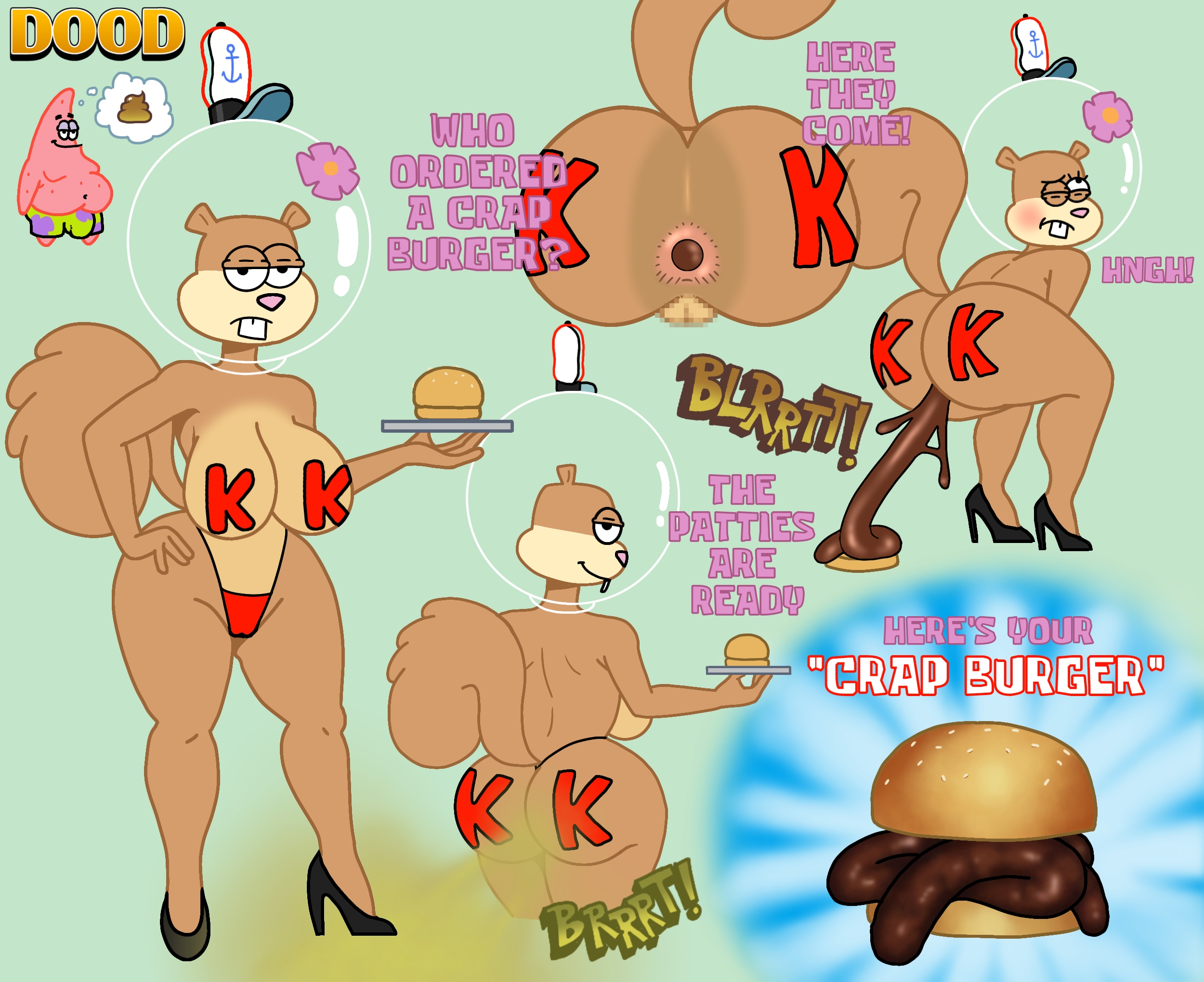 1boy, 1girls, anal gape, anthro, anus, ass, breasts, brown fur, brown hair, buckteeth, defecaring, dood (artist), echinoderm, employee uniform, fart, fart cloud, farting, farts, feces, female, flatulance, furry, furry female, furry male, furry only, gassy, gassy female, groin, hamburger, hat, heels, high heels, huge ass, large breasts, legsblush, male, mammal, marine, nickelodeon, patrick star, perineum, pussy, sandy cheeks, scat, shit, spongebob squarepants, squirrel, starfish, tail, thong, thong only, turd, vagina, young, young female