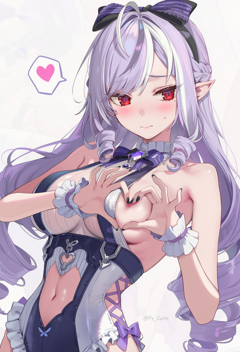 1girls, ai generated, breasts, exposed breasts, female, heart symbol, hoyoverse, long hair, mihoyo, official alternate costume, purple hair, red eyes, swimsuit, vivian banshee, vivian banshee (iris of the shore), white swimsuit, zenless zone zero