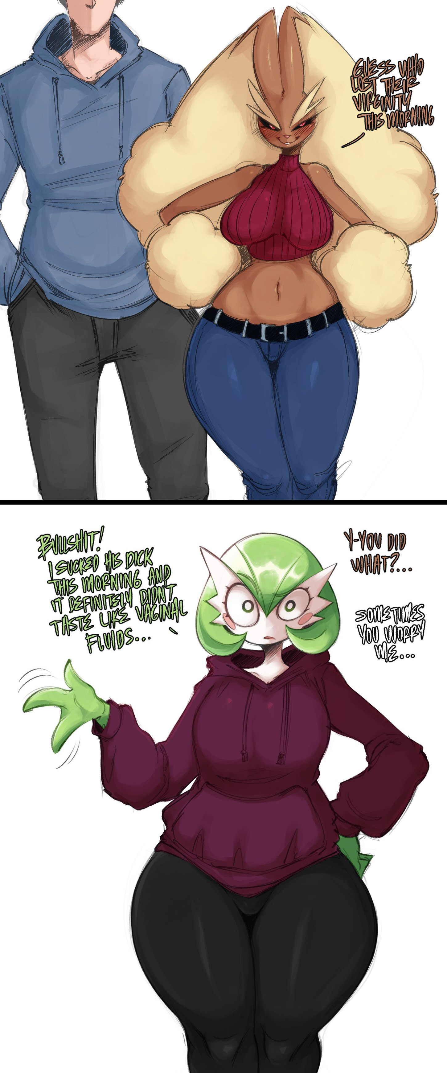 1boy, 2girls, 3 fingers, anthro, big breasts, black sclera, blush, breasts, clothing, dialogue, english text, female, gardevoir, generation 3 pokemon, generation 4 pokemon, hand on hip, hands in pockets, hands on hips, head out of frame, hoodie, jeans, looking at viewer, lopunny, male, naughty face, nintendo, pants, pokemon, pokemon (species), red eyes, saltyxodium, sleeveless turtleneck, smiling, smiling at viewer, talking to viewer, thick thighs, turtleneck, two panel image, very high resolution, white background, wide hips