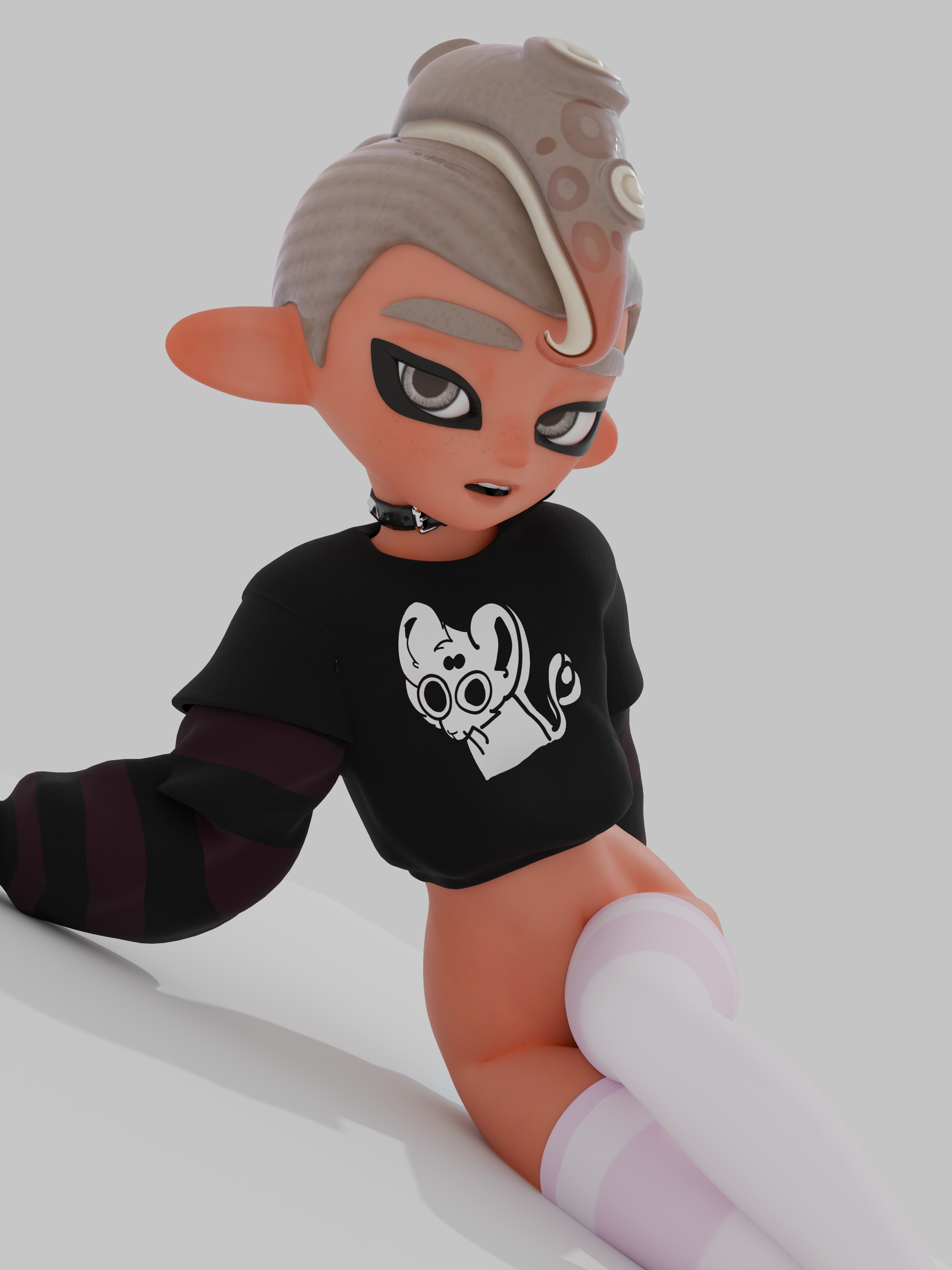 3d, 3d model, agent 8 (side order), agent 8 (splatoon), ass, big ears, big eyes, chiseled body, clothing, collar, cute, eye contact, eyebrows, femboy, feminine male, grey hair, hand on floor, hi res, high resolution, highres, hips, horny, horny male, laying, laying on side, legwear, long sleeves, long socks, looking at viewer, lredfox0, male, male agent 8 (splatoon), medium hair, necklace, nintendo, octoling, on floor, partially clothed, perfect body, pose, posing, pretty boy, seductive, seductive look, sexy, sexy figure, sexy look, shadow, shirt, silver eyes, silver hair, simple background, slim waist, splatoon, splatoon (series), splatoon 3, splatoon 3: side order, tentacle, tentacle hair, thick thighs, thighs, topwear, white background, wide hips, wo262 (3d model style)