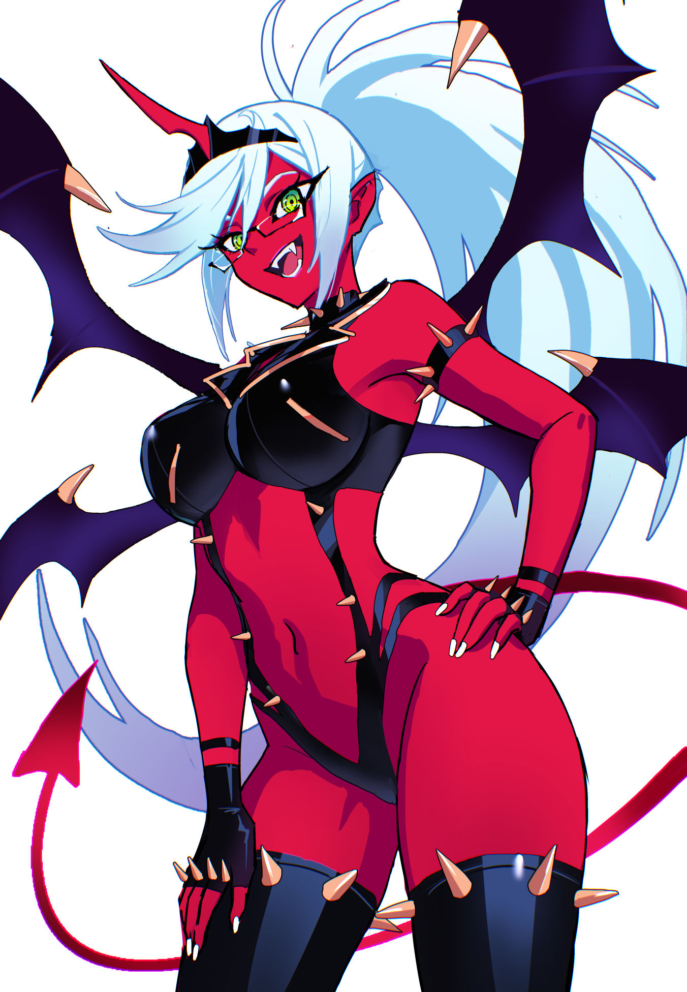 bare shoulders, blue hair, breasts, choker, demon, demon girl, demon horns, demon tail, demon wings, fangs, female, female only, gloves, green eyes, hand on hip, headgear, horn, kneesocks daemon, long hair, panty & stocking with garterbelt, skrillex li, smile, stockings, tagme, tail, thick thighs, wide hips, wings