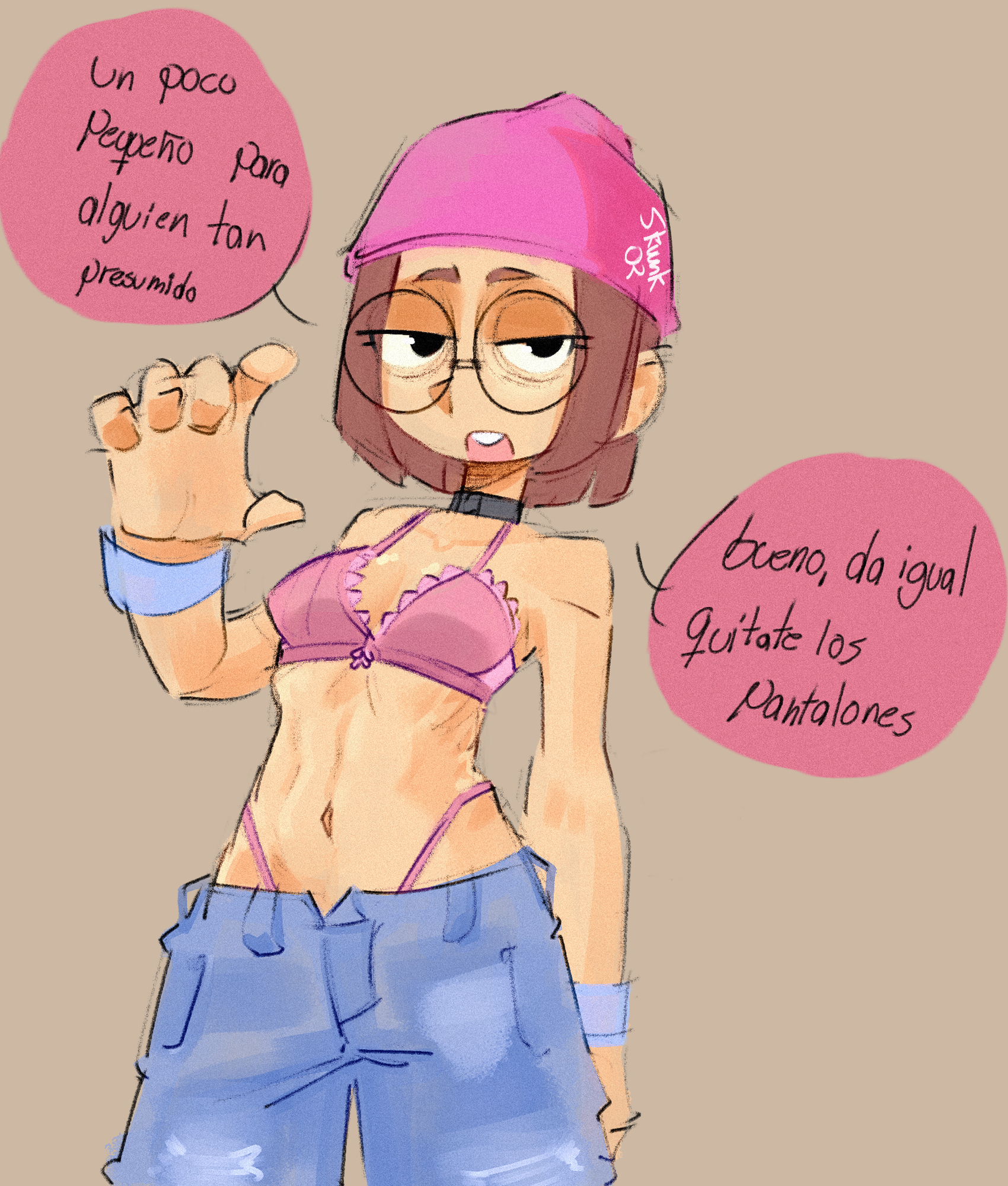 2d, blue jeans, family guy, fanart, female, fox corporation, glasses, jeans, meg griffin, pink lingerie, pink underwear, skuunk02, spanish text