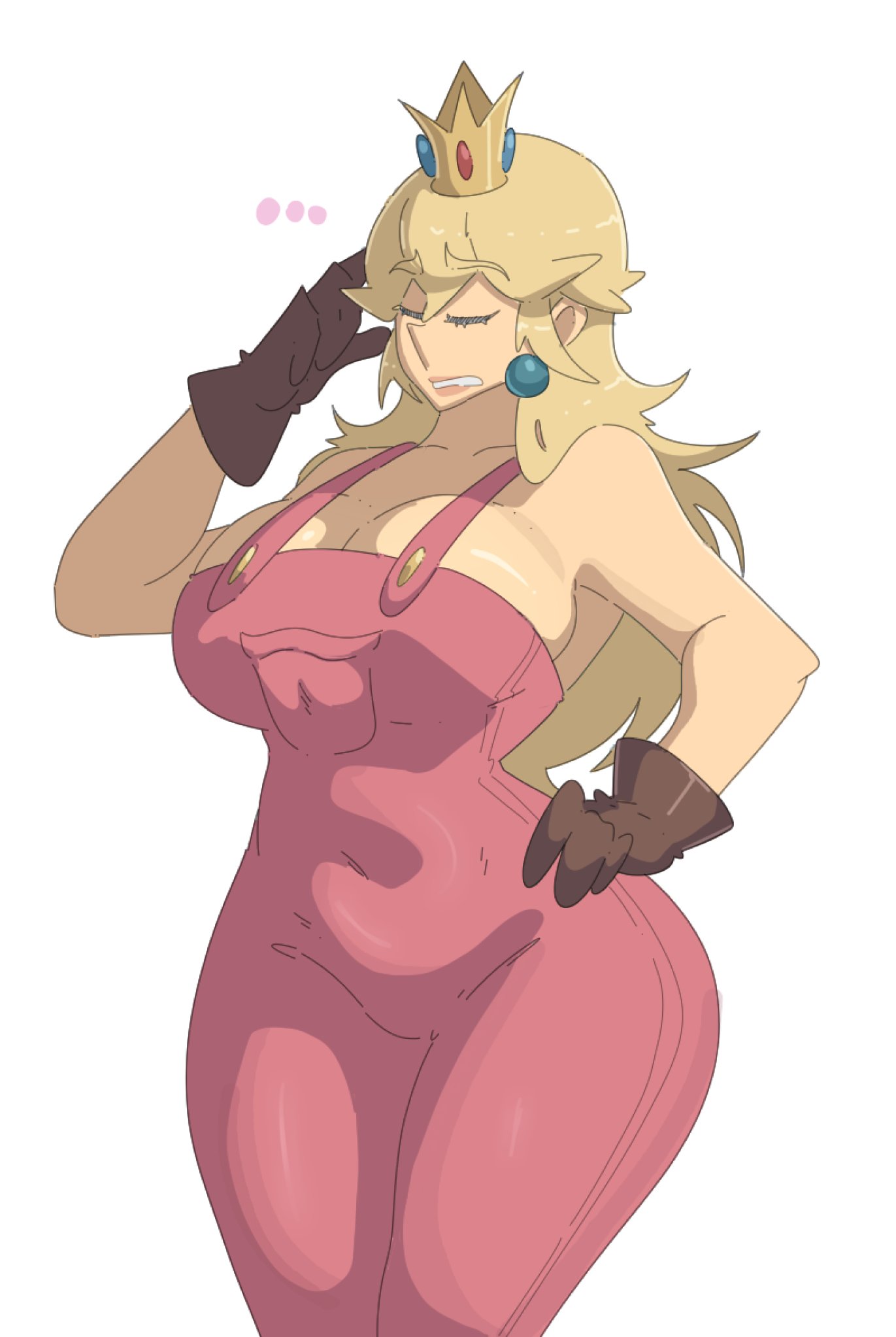 ..., 1girls, blonde hair, blue earrings, breasts, cleavage, closed eyes, crown, earrings, female, gloves, hand on hip, hand on own hip, large breasts, leedraw11, long hair, mario (series), nintendo, overalls, overalls only, pink overalls, princess peach, shiny skin, simple background, solo, solo female, solo focus, thighs, white background