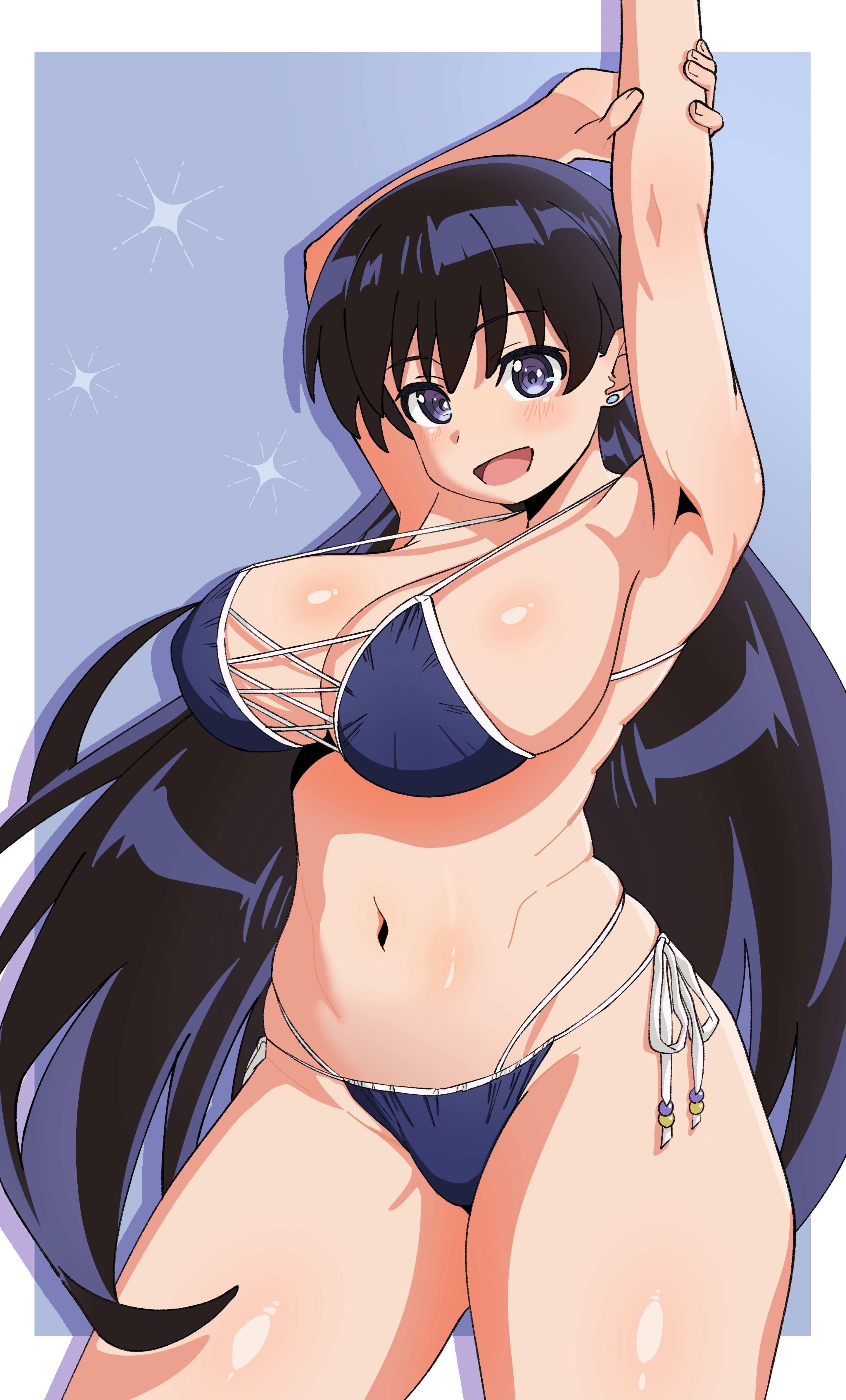 absurdres, arato nagi, armpits, arms up, bare arms, bikini, black bikini, black hair, blush, border, breasts, cleavage, collarbone, contrapposto, ear piercing, earrings, female, female only, hair between eyes, highres, jewelry, large breasts, long hair, looking at viewer, navel, open mouth, piercing, purple background, purple eyes, ruri no houseki, side-tie bikini bottom, smile, solo, standing, stud earrings, swimsuit, torasansan011, very long hair, white border