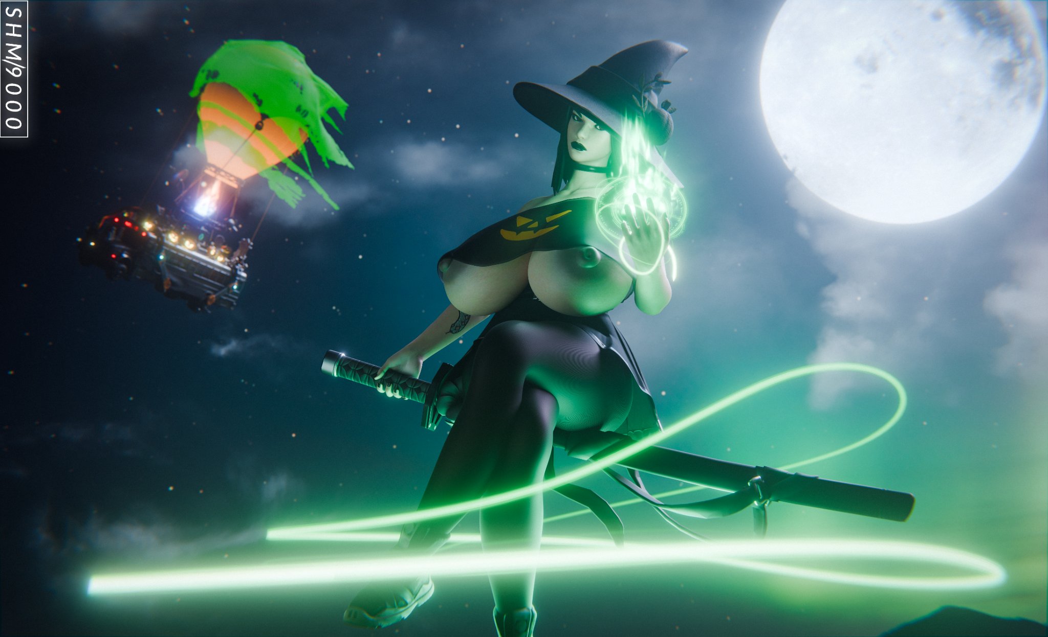 1female, 1girls, battle bus, big boobs, big breasts, big tits, boobs, breasts, busty, busty female, charlotte (fortnite), crossed arms, epic games, female, female focus, female only, fortnite, fortnite: battle royale, halloween costume, halloween theme, huge boobs, huge breasts, huge tits, katana, looking at viewer, moon, moonlight, sitting, sitting on object, superhentaimaster9000, tits