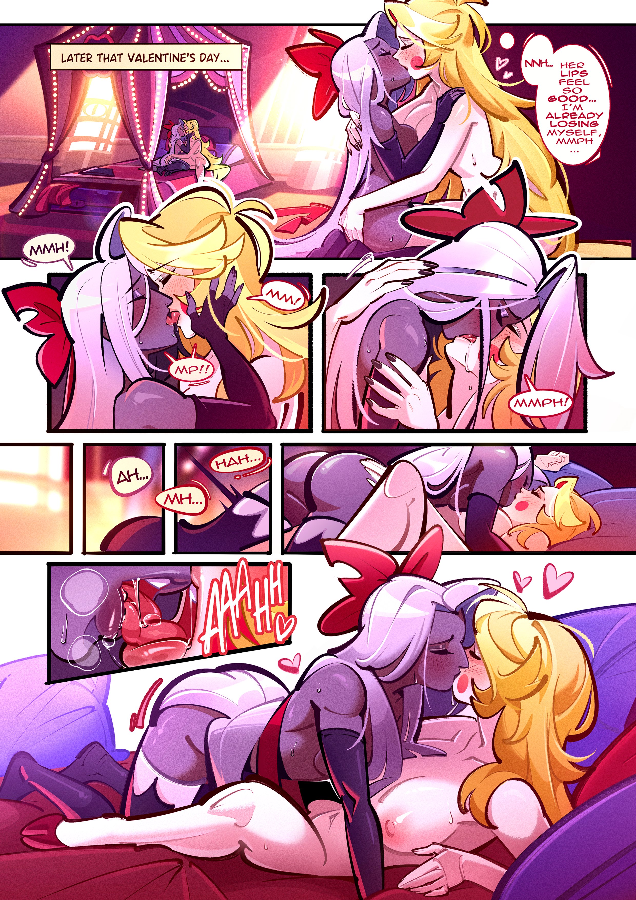 2girls, angel, ass grab, bed, bedroom, blonde hair, breasts, canon couple, charlie morningstar (hazbin hotel), comic, comic page, demon girl, female, gloves, goblingal260, hairbow, hand on ass, hazbin hotel, hooves, indoors, kissing, nipples, nudity, saliva, stockings, text, thought bubble, tongue kiss, vaggie (hazbin hotel), vivienne medrano, white hair, yuri