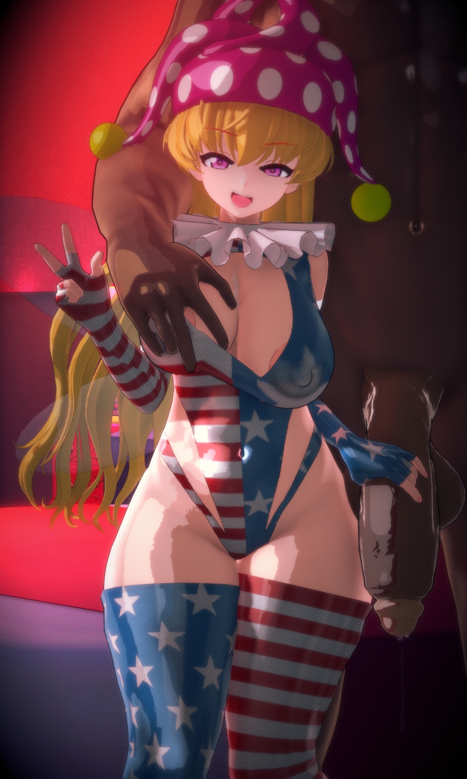 1boy, 1girls, 3d, applesoda, blonde female, blonde hair, breast grab, breasts, clothing, clownpiece, dark-skinned male, fairy wings, female, female focus, fingerless gloves, grabbing breasts, grabbing penis, hat, imminent sex, interracial, koikatsu, light-skinned female, looking at viewer, male, peace sign, penis, pink eyes, revealing clothes, shiny skin, size difference, thick thighs, thighhighs, touhou, unseen male face