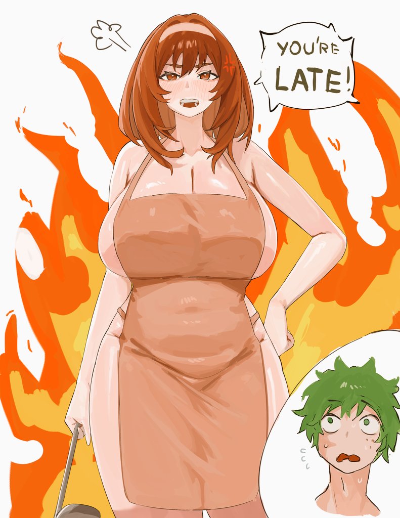 aged up, alternate breast size, angry, breasts, brown eyes, brown hair, canon couple, cleavage, female, gigantic breasts, green eyes, green hair, huge breasts, husband and wife, imminent sex, izuku midoriya, ladle, mature female, medium hair, milf, my hero academia, naked apron, nyan somoe, nyankaisen, ochako uraraka, thick thighs, voluptuous, voluptuous female, wide hips
