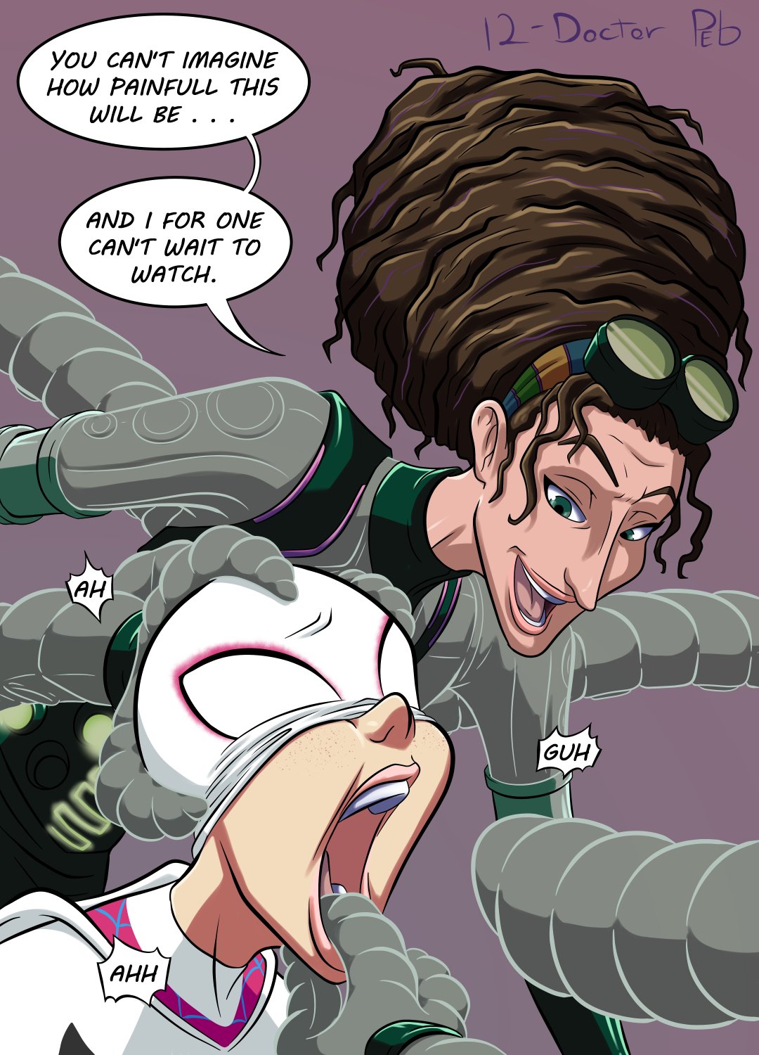 2girls, doctor octopus, dubious consent, female, forced open mouth, gwen stacy, imminent oral, imminent sex, marvel, marvel comics, mask, masked, masked female, mechanical tentacles, mouth hold, olivia octavius, open mouth, purpleeyebags