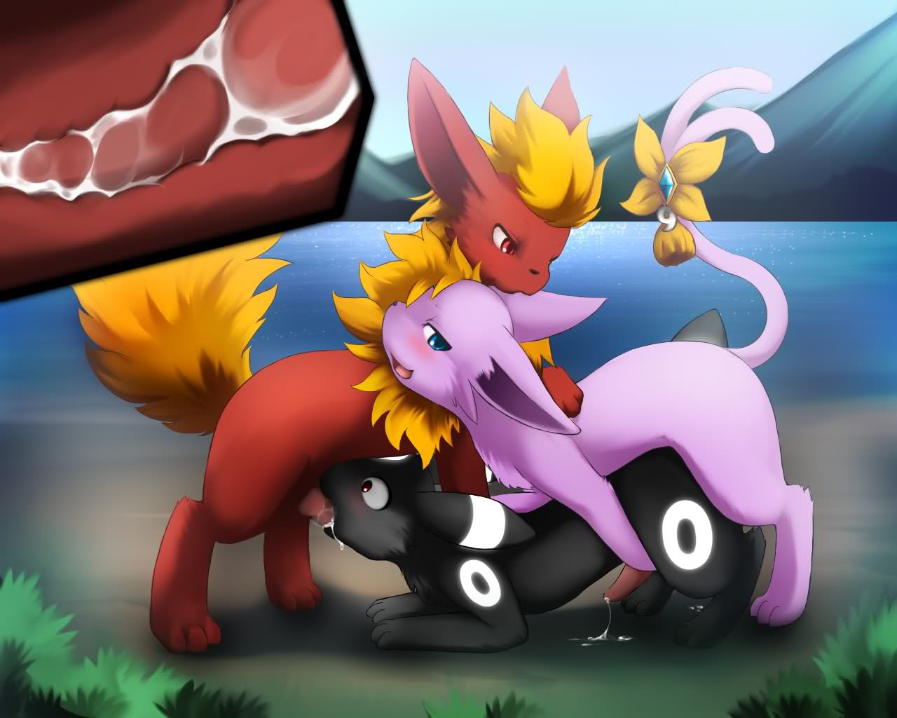 anal anal_sex blush blushing cum darkmirage eeveelution espeon feral feral_on_feral feral_only flareon fur furry furry_ears furry_tail gay knot male male_espeon male_only male_umbreon nintendo no_humans oral_sex penetration penis pokemon sex tail threesome umbreon x-ray