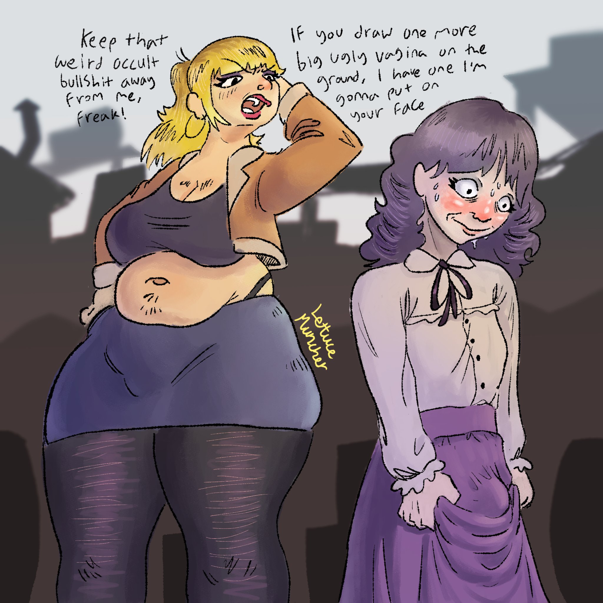 2girls, belly, bimbo, blonde hair, blush, bulge, chubby, chubby female, clothed, english text, fear and hunger, fear and hunger: termina, female, karin (fear and hunger), large breasts, lesbian, lettucemuncher, long hair, marina (fear and hunger), overweight female, ponytail, small breasts, tagme, thick thighs, tights, trans woman, transfem, transgender, transgender woman