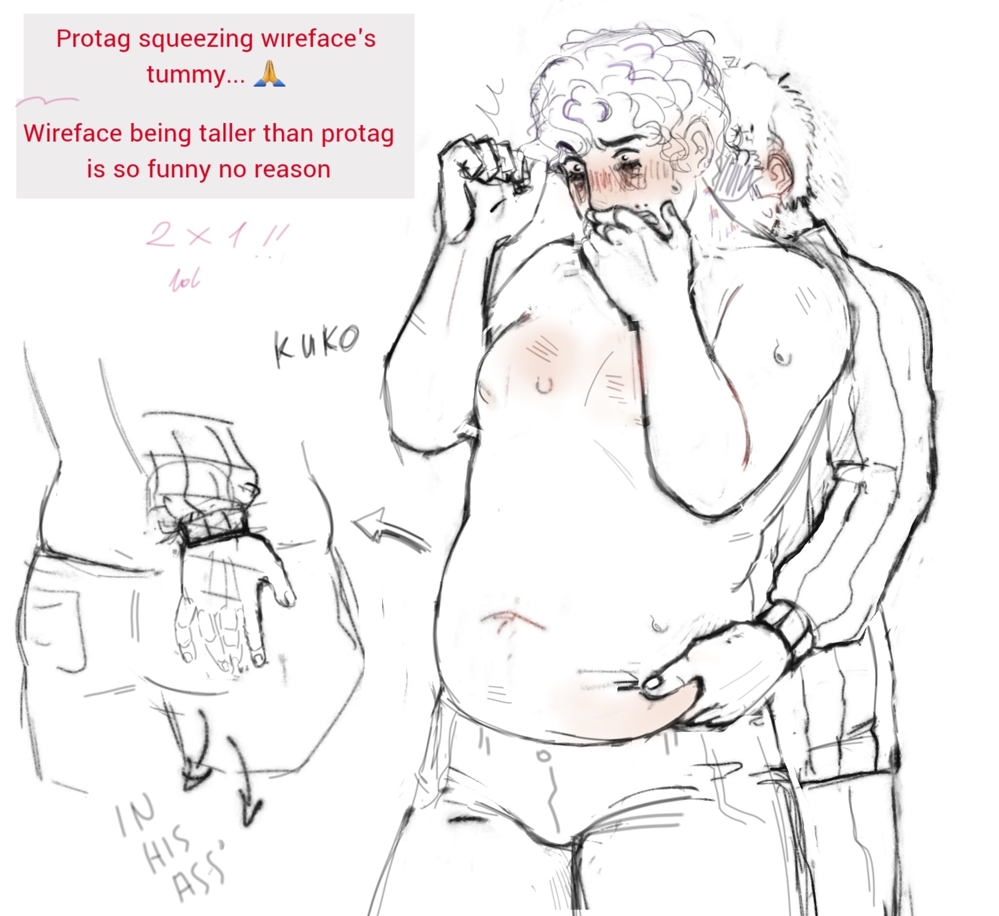 2boys, bags under eyes, belly squish, blush, chubby, chubby male, covering mouth, cucogg, english text, gay, groping, groping from behind, male, male only, no, i'm not a human, overweight, overweight male, pinch, protagonist (no, i'm not a human), sketch, spot color, squeezing belly, sweat, topless, topless male, wireface (no, i'm not a human), yaoi