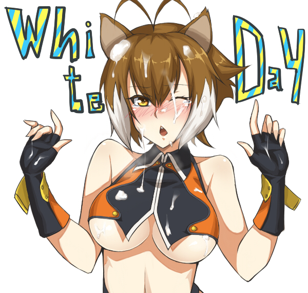 1girls animal_ear antenna_hair blazblue blush breasts brown_hair cum cum_on_hair facial female fingerless_gloves gloves makoto_nanaya purinnssu short_hair solo squirrel_ear tear underboob white_day wink yellow_eyes